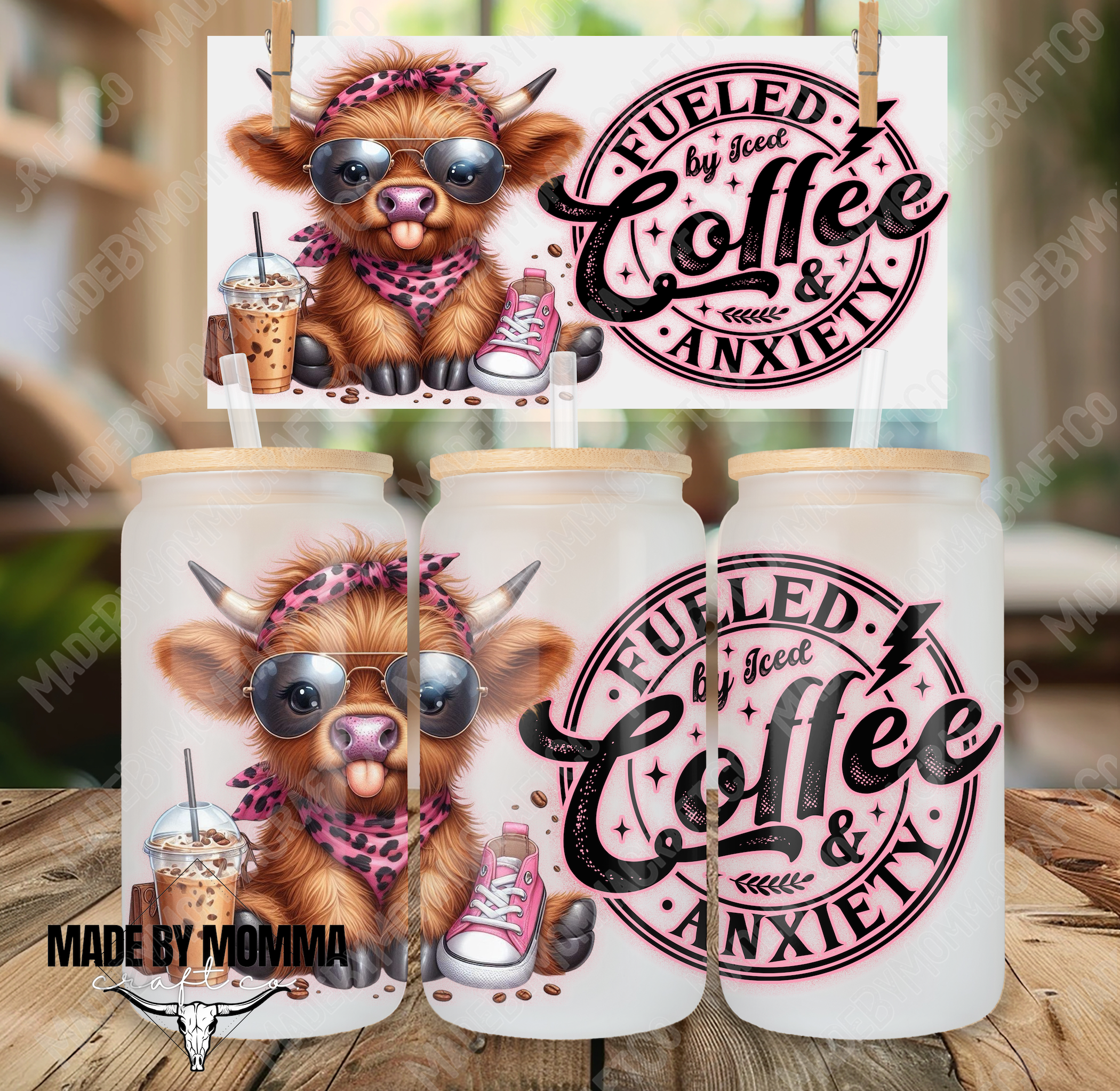 Fueled By Coffee and Anxiety Highland Cow 16oz UV DTF or Sublimation Wrap