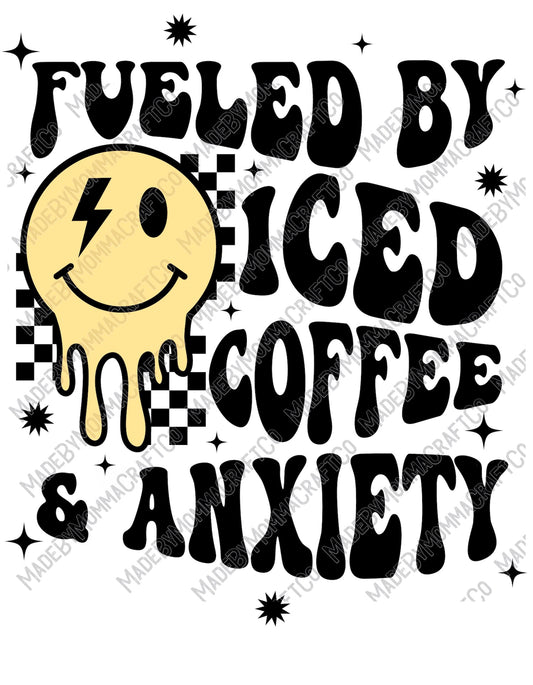 Fueled By Iced Coffee and Anxiety Smiley Face Retro Wavy Font - Cheat Clear Waterslide™ or Cheat Clear Sticker Decal