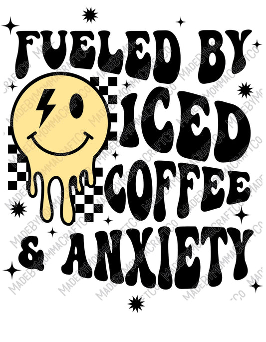 Fueled By Iced Coffee and Anxiety Smiley Face Retro Wavy Font - Cheat Clear Waterslide™ or White Cast Sticker