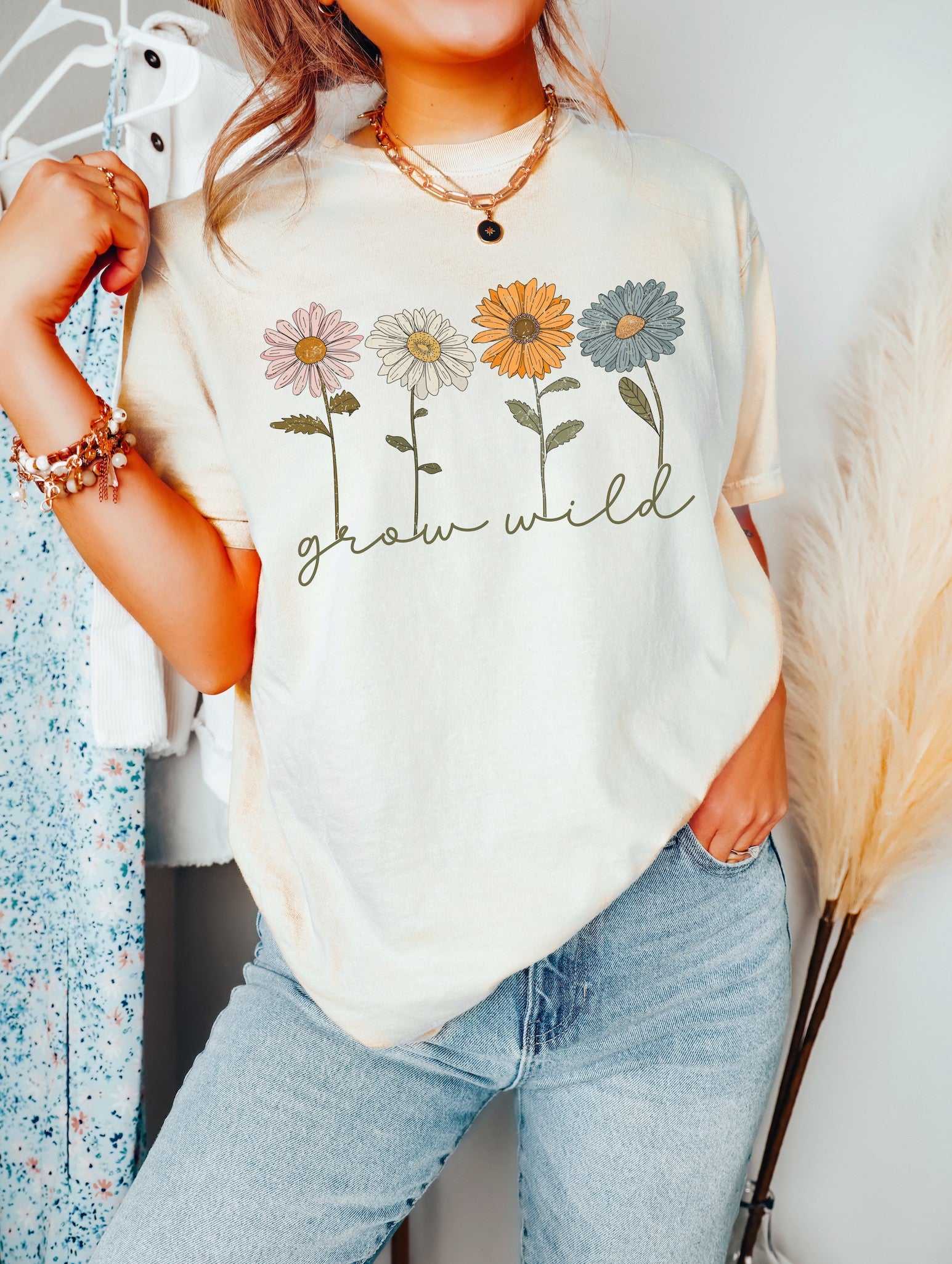 Grow Wild Flowers - Women&#39;s / Youth / Hippie - Direct To Film Transfer / DTF - Heat Press Clothing Transfer