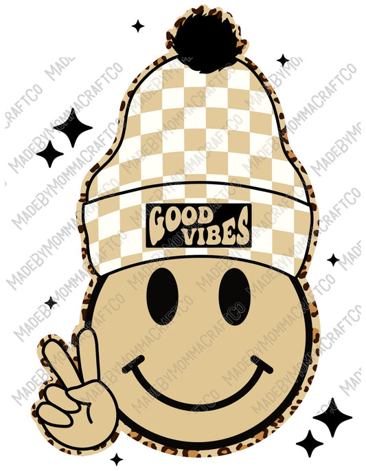 Good Vibes Beanie Smiley Face Retro - Cheat Clear Waterslide™ or White Cast Sticker