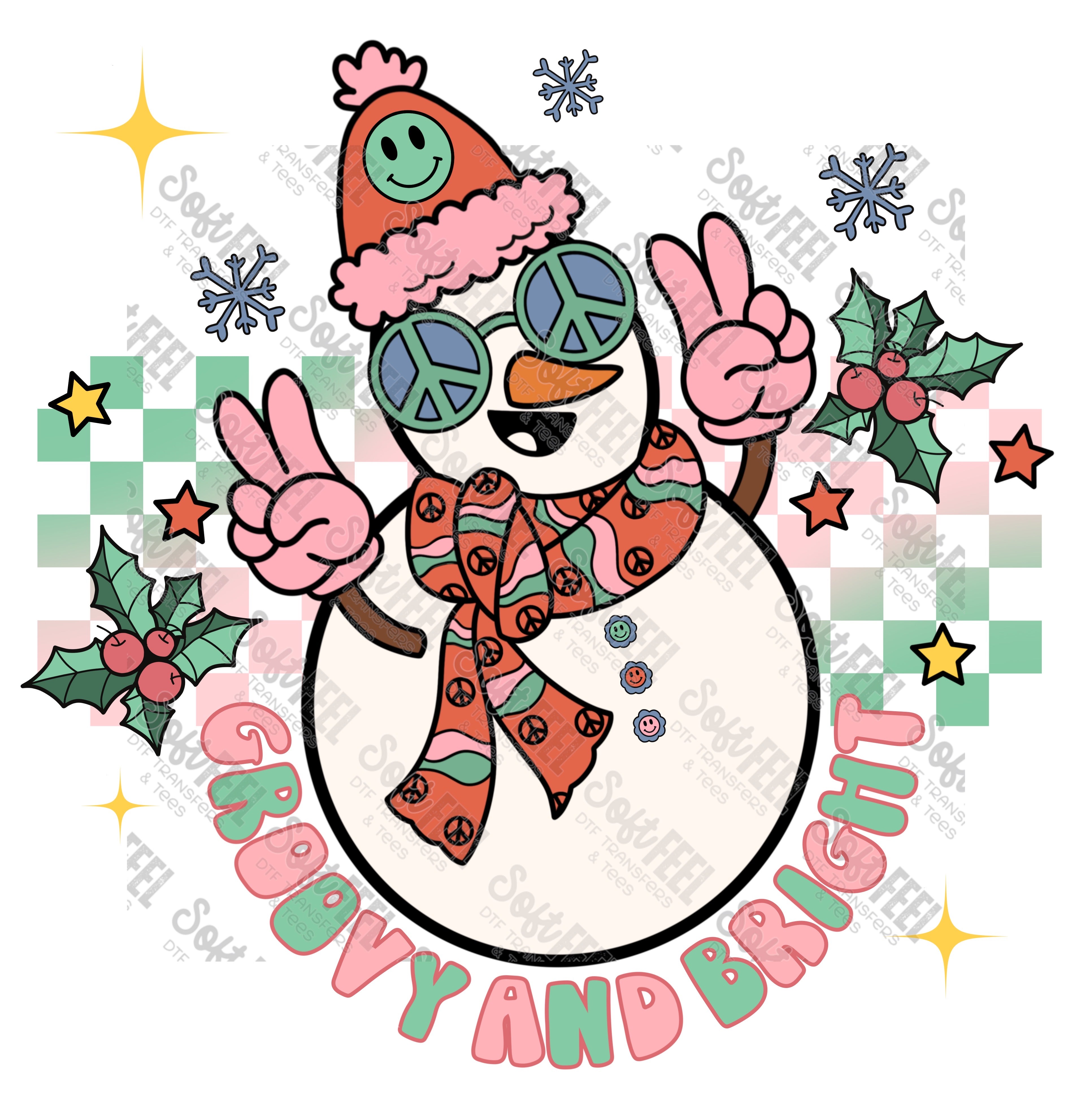 Groovy Snowman - Christmas / Retro / Women&#39;s / Youth - Direct To Film Transfer / DTF - Heat Press Clothing Transfer