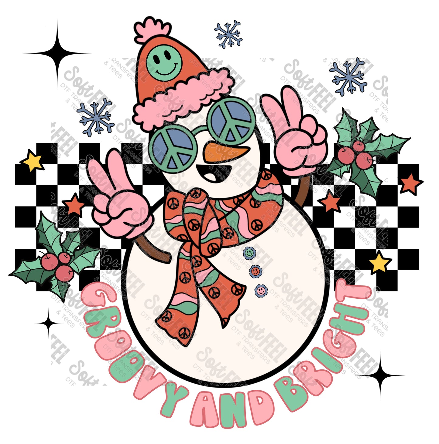 Groovy Snowman 1 - Christmas / Retro / Women's / Youth - Direct To Film Transfer / DTF - Heat Press Clothing Transfer