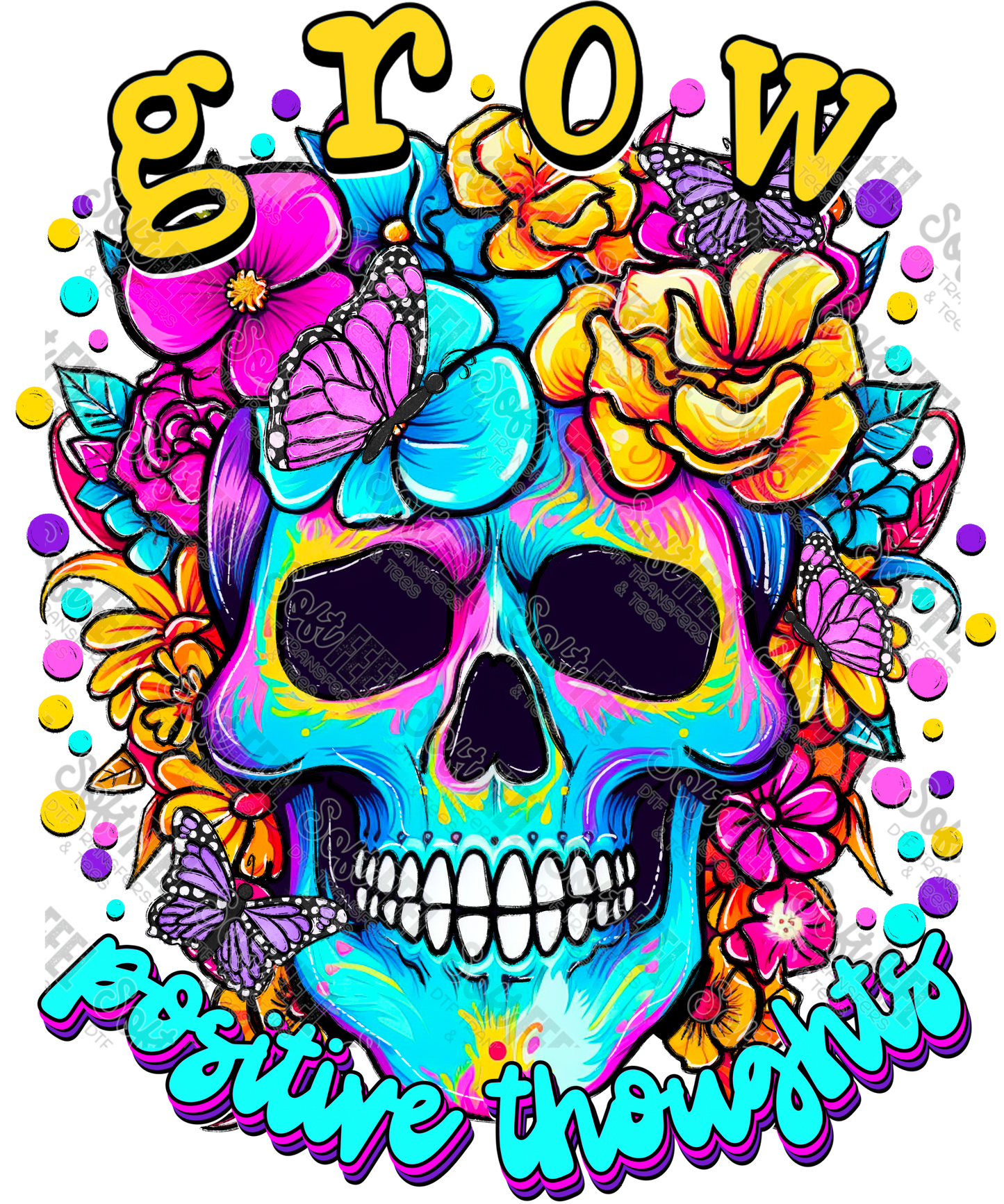 Grow Positive Thoughts Skull - Mental Health / Retro / Hippie - Direct To Film Transfer / DTF - Heat Press Clothing Transfer