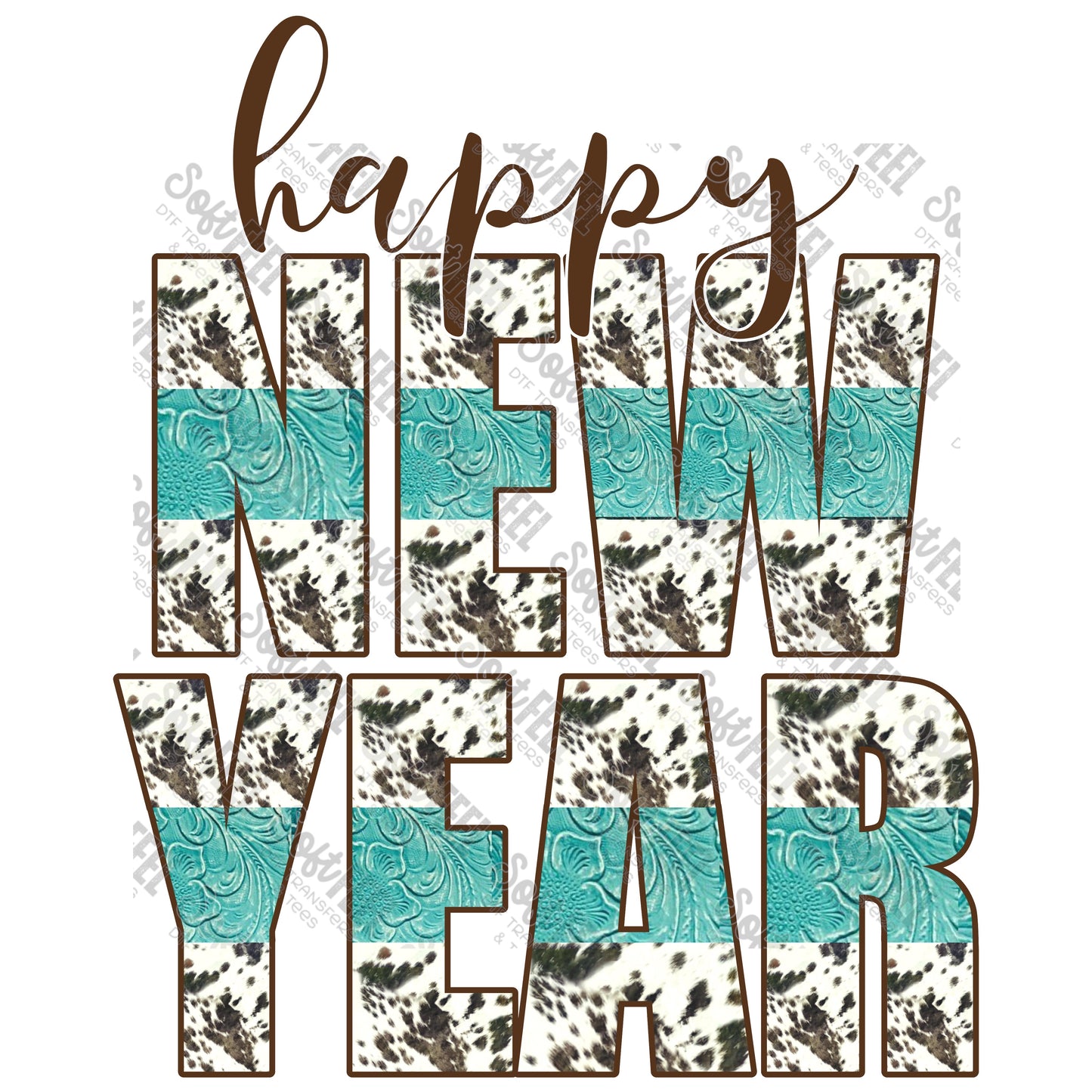 Happy New Year Cow And Turquoise - Country Western / Christmas / New Years - Direct To Film Transfer / DTF - Heat Press Clothing Transfer