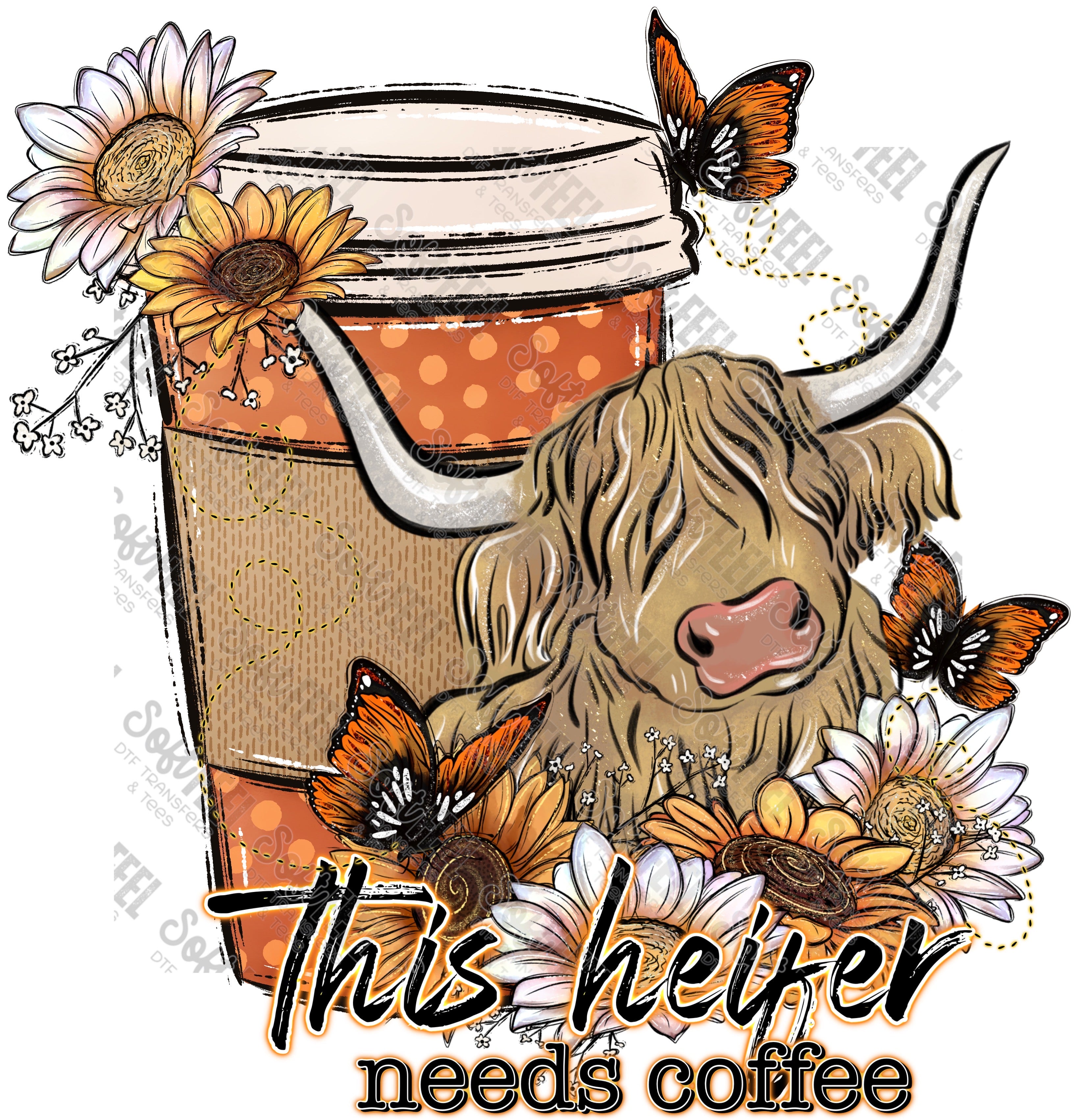Heifer Needs Coffee - Country Western / Snarky / Humor / Women&#39;s - Direct To Film Transfer / DTF - Heat Press Clothing Transfer
