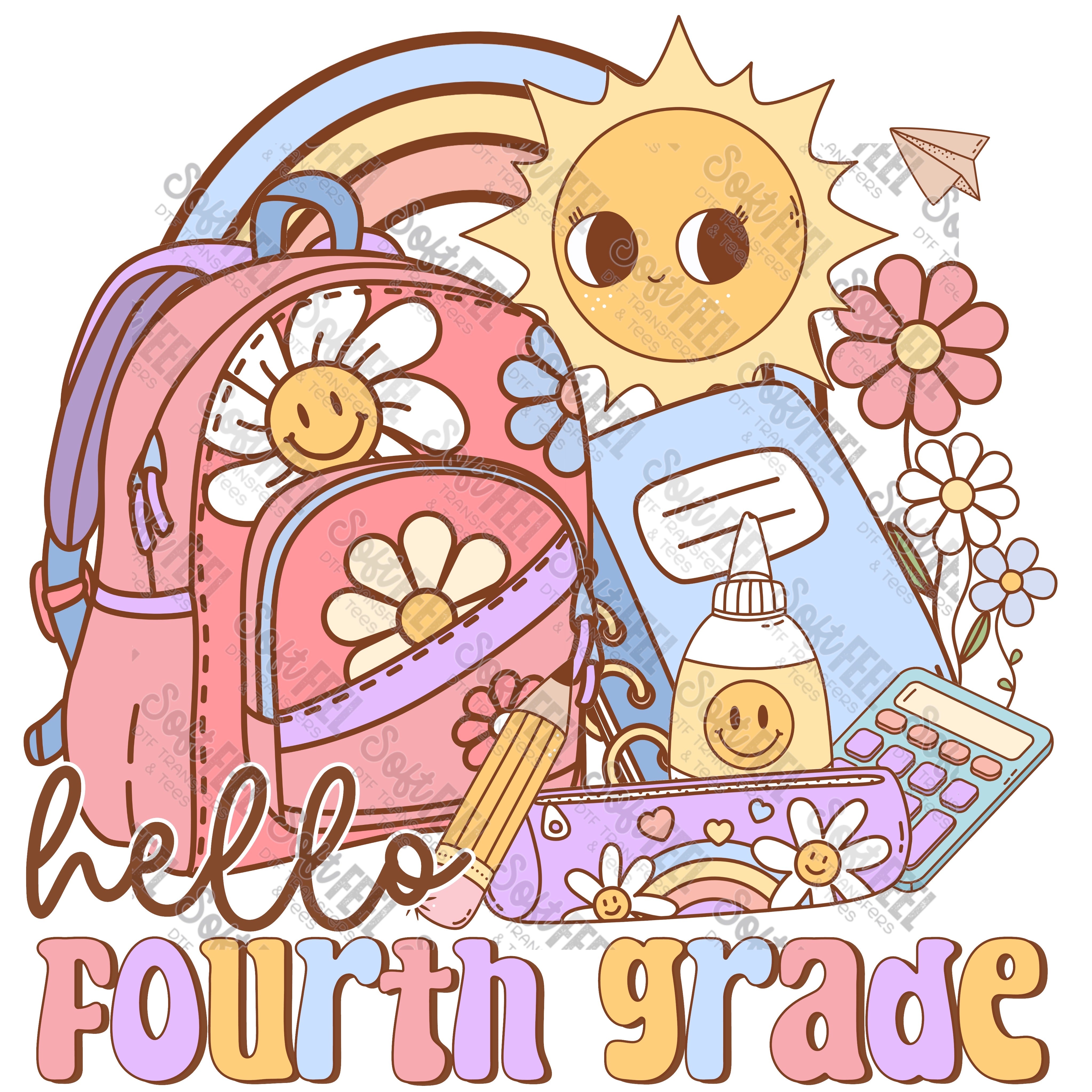Hello Fourth Grade - School and Teacher / Youth - Direct To Film Transfer / DTF - Heat Press Clothing Transfer