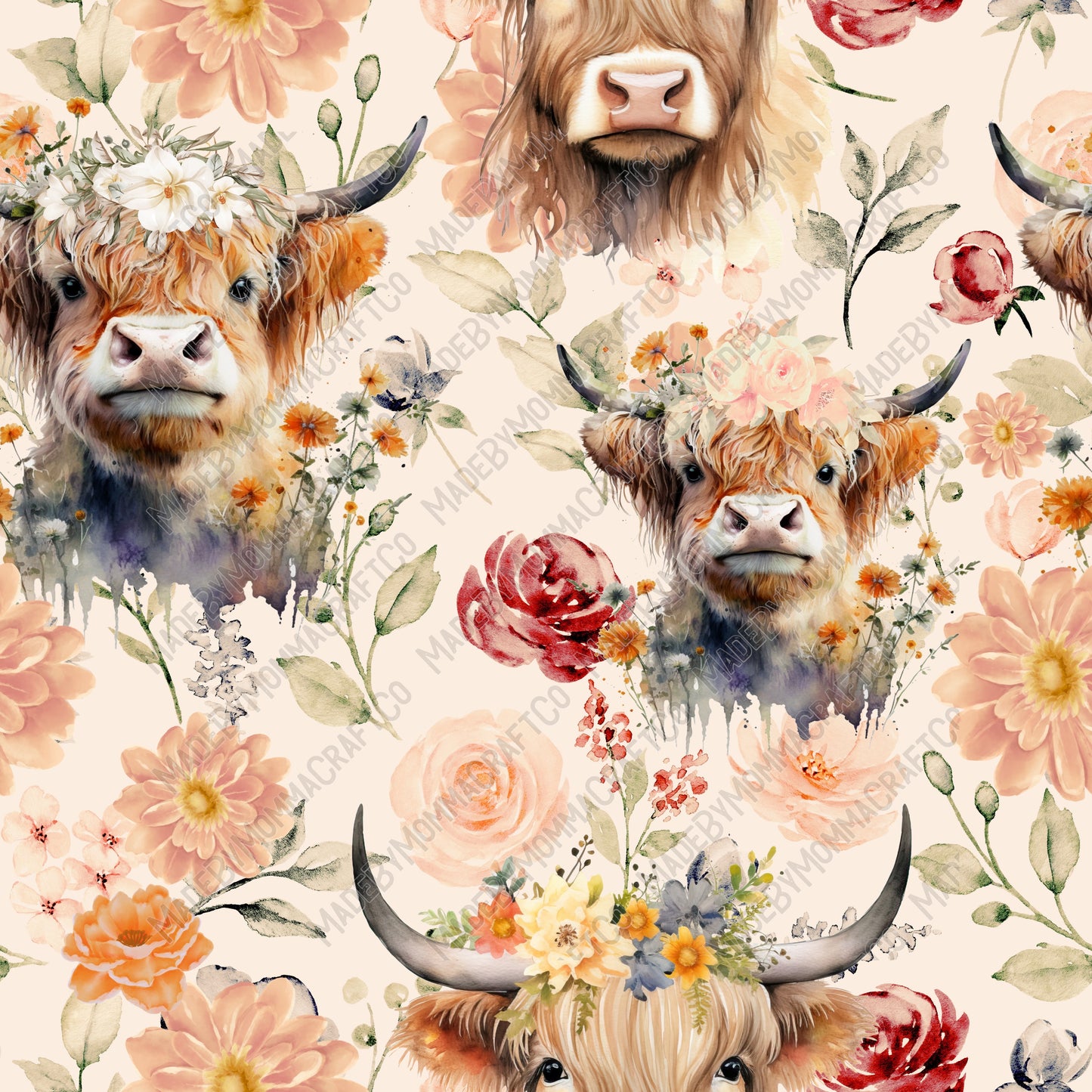 Highland Cow Floral - Vinyl Or Waterslide Seamless Wrap