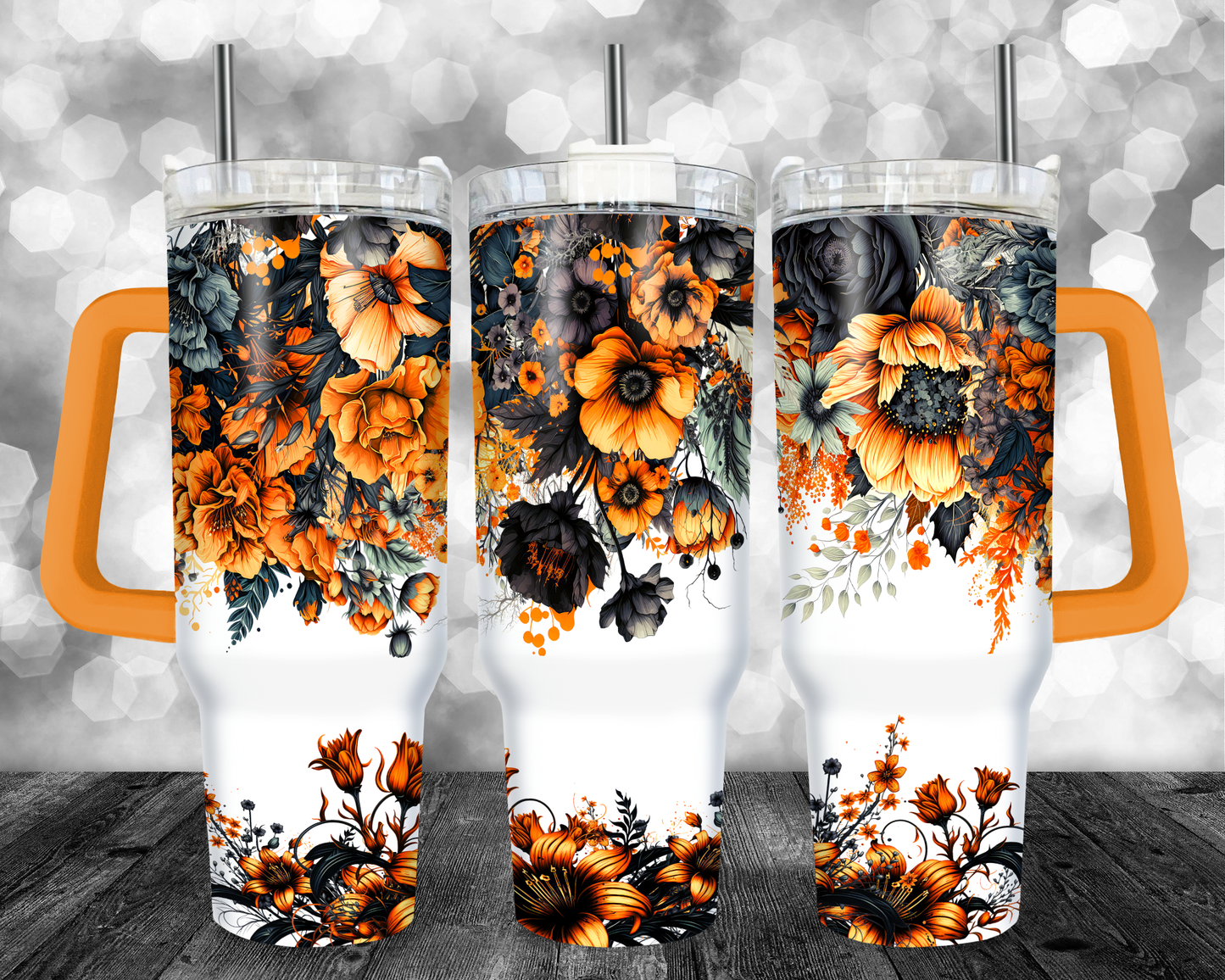 Halloween Floral 3 - 40oz Handle Tumbler - Sublimation or Waterslide Wrap