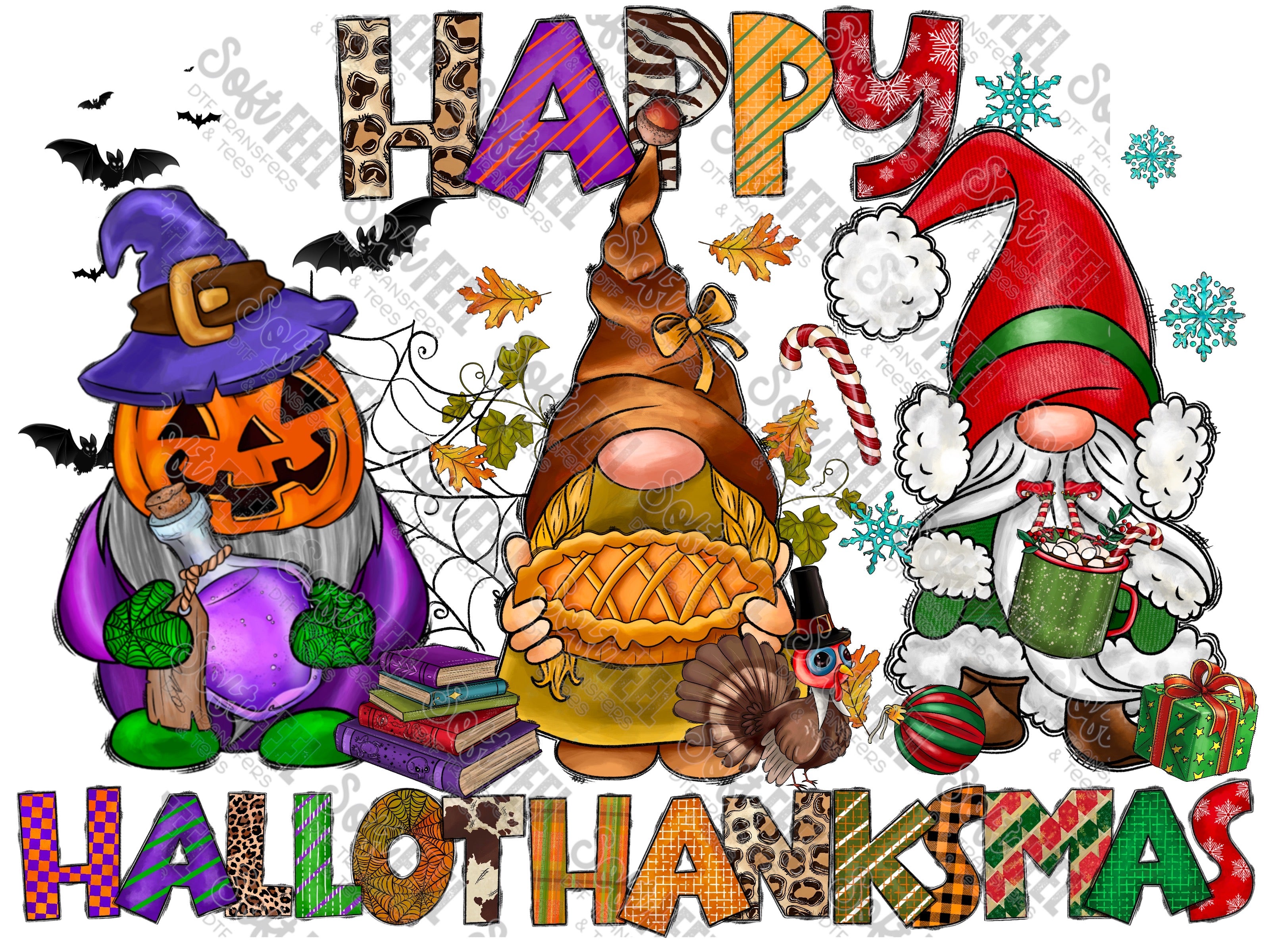 Happy Hallothanksmas Gnomes - Fall / Christmas / Halloween - Direct To Film Transfer / DTF - Heat Press Clothing Transfer
