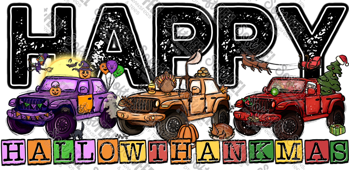 Happy HallowThankMas Vehicle - Halloween / Fall / Christmas - Direct To Film Transfer / DTF - Heat Press Clothing Transfer