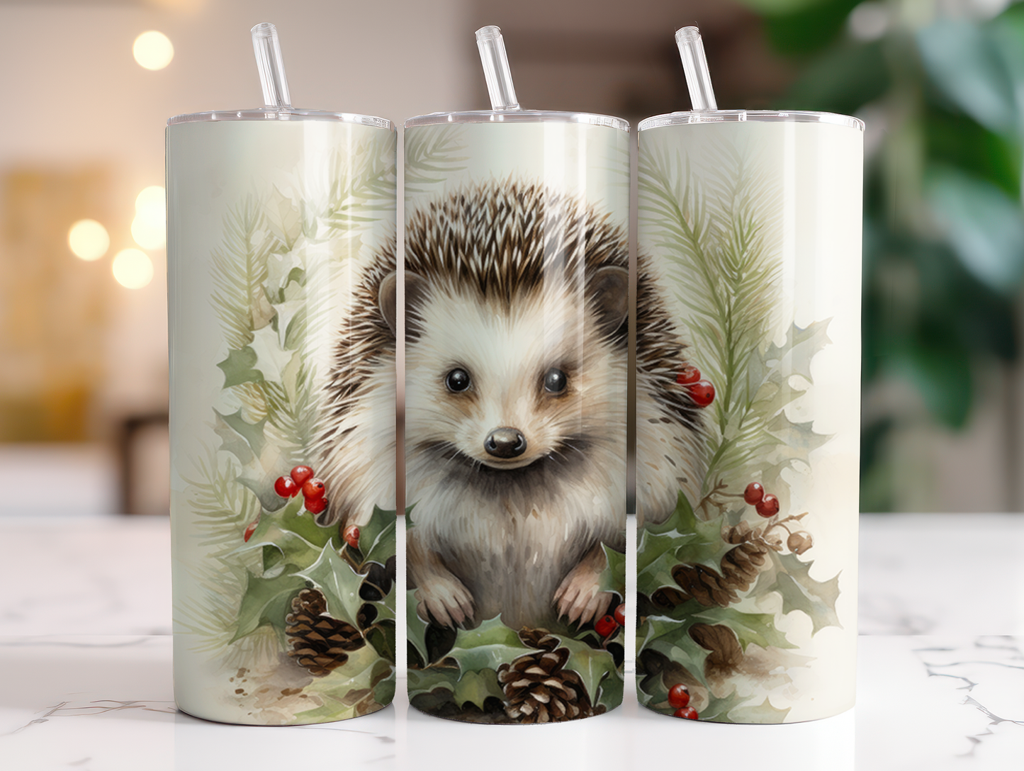 Hedgehog Christmas Wreath - Sublimation or Waterslide Wrap - 20oz and 30oz