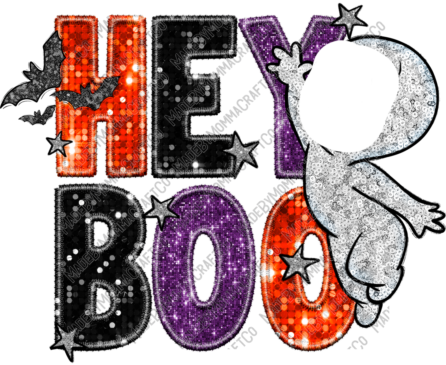 Hey Boo Ghost Faux Embroidery Sequins - Fall / Halloween- Cheat Clear Waterslide™ or White Cast Sticker