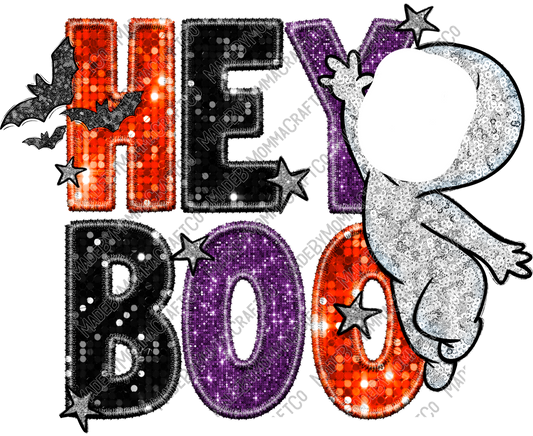 Hey Boo Ghost Faux Embroidery Sequins - Fall / Halloween- Cheat Clear Waterslide™ or White Cast Sticker