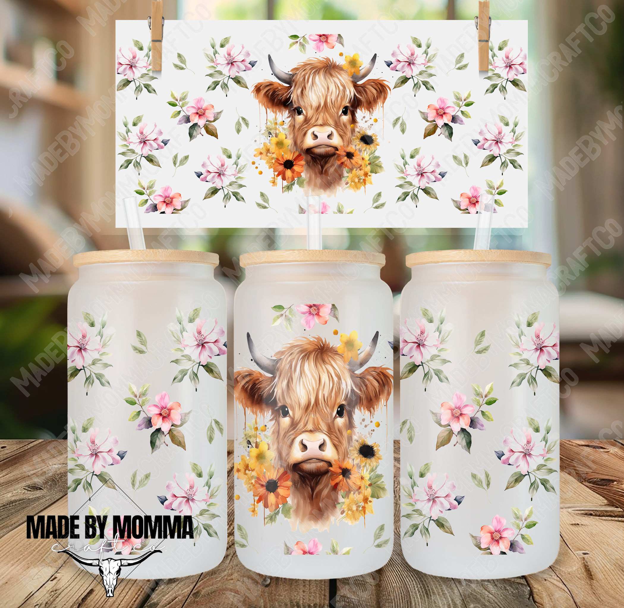 Floral Highland Cow 16oz UV DTF or Sublimation Wrap