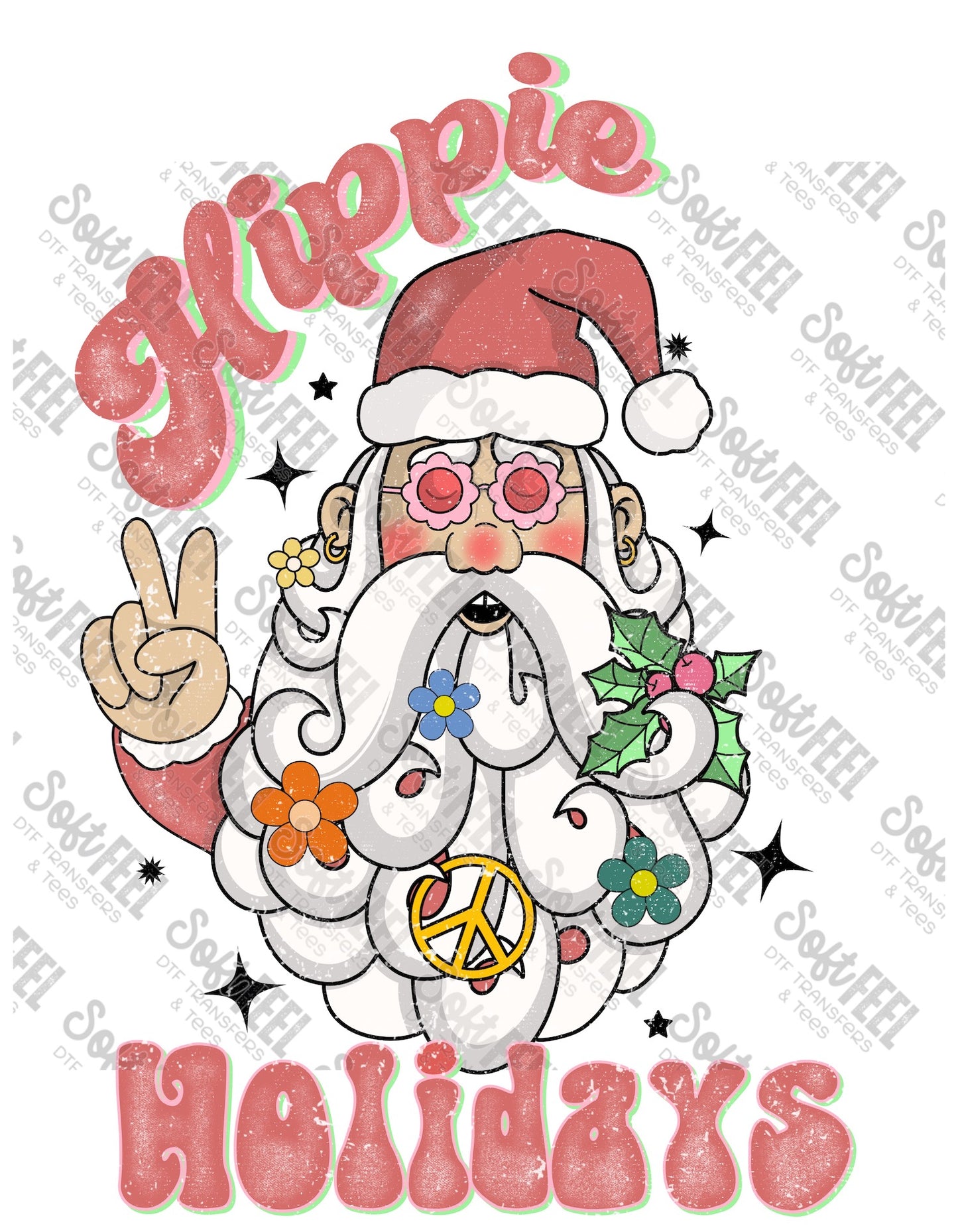 Hippie Holidays Distressed - Christmas / Retro /  Women's / Hippie Gypsy - Direct To Film Transfer / DTF - Heat Press Clothing Transfer