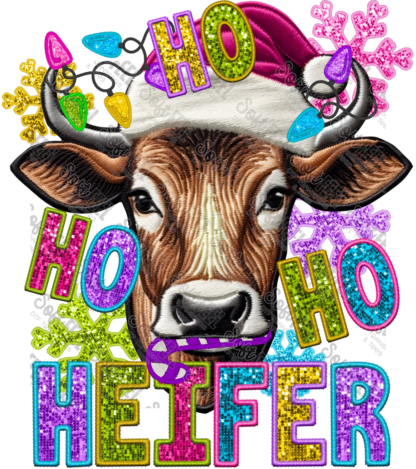 Ho Ho Ho Heifer - Christmas / Faux Embroidery - Direct To Film Transfer / DTF - Heat Press Clothing Transfer