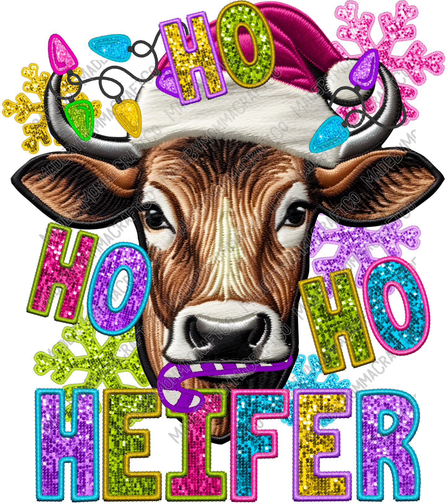 Ho Ho Ho Heifer - Faux Embroidery - Cheat Clear Waterslide™ or White Cast Sticker