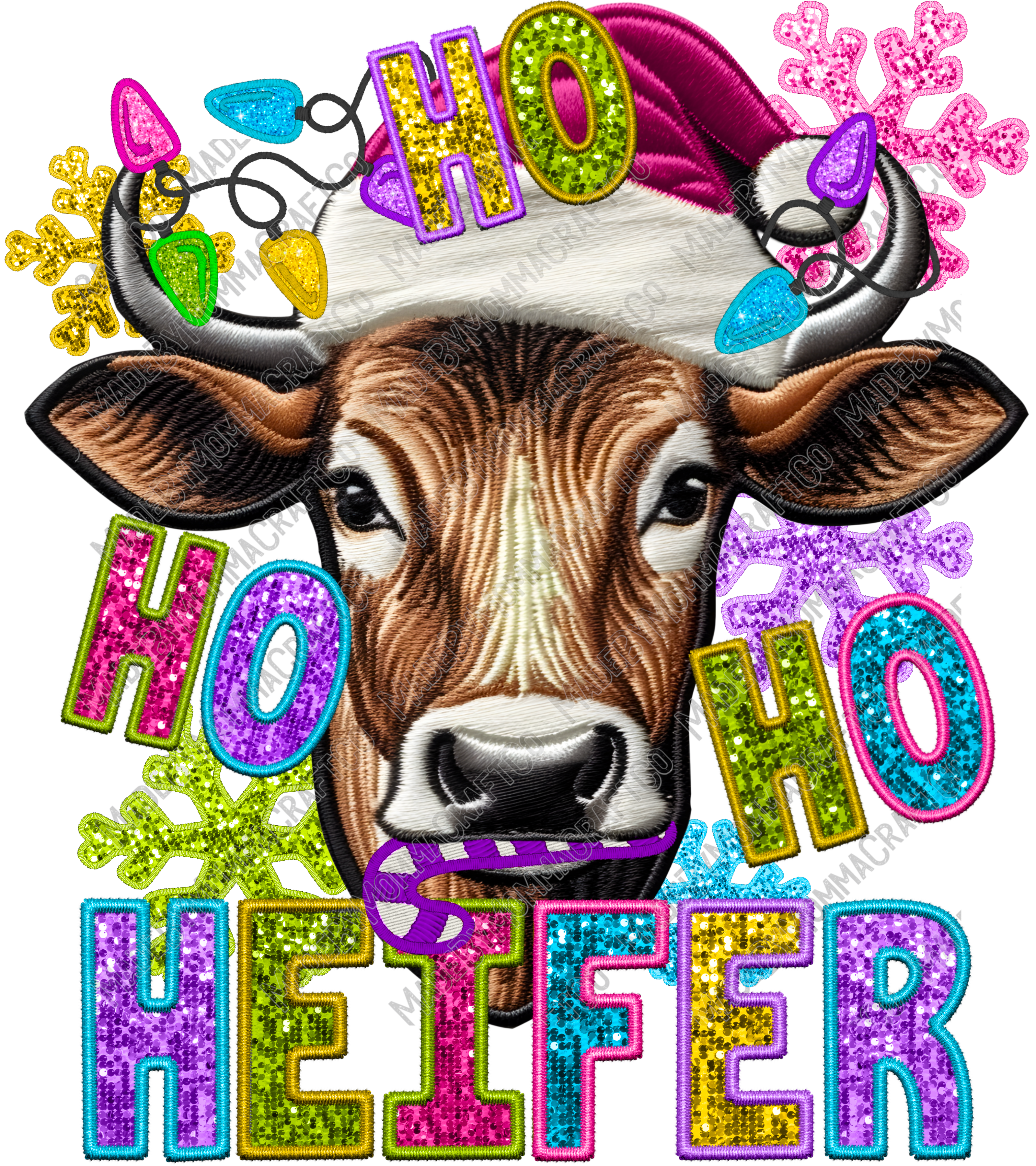 Ho Ho Ho Heifer - Faux Embroidery - Cheat Clear Waterslide™ or White Cast Sticker