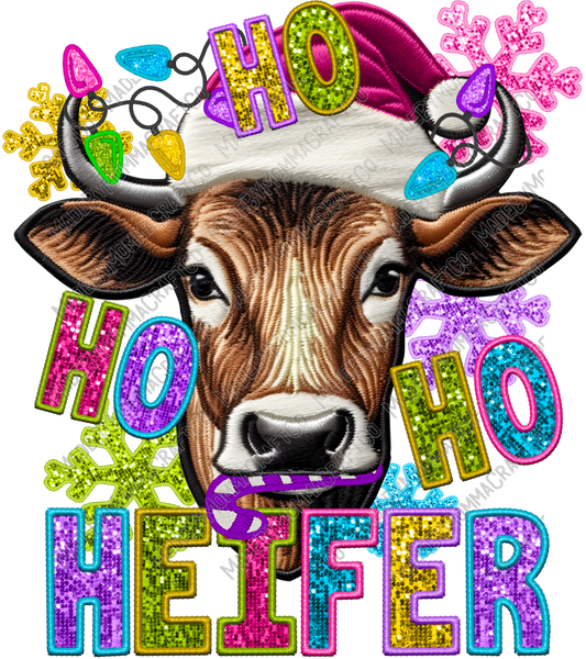 Ho Ho Ho Heifer - Faux Embroidery - Cheat Clear Waterslide™ or White Cast Sticker