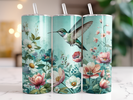 Floral Humming Bird - Spring - Sublimation or Waterslide Wrap - 20oz and 30oz