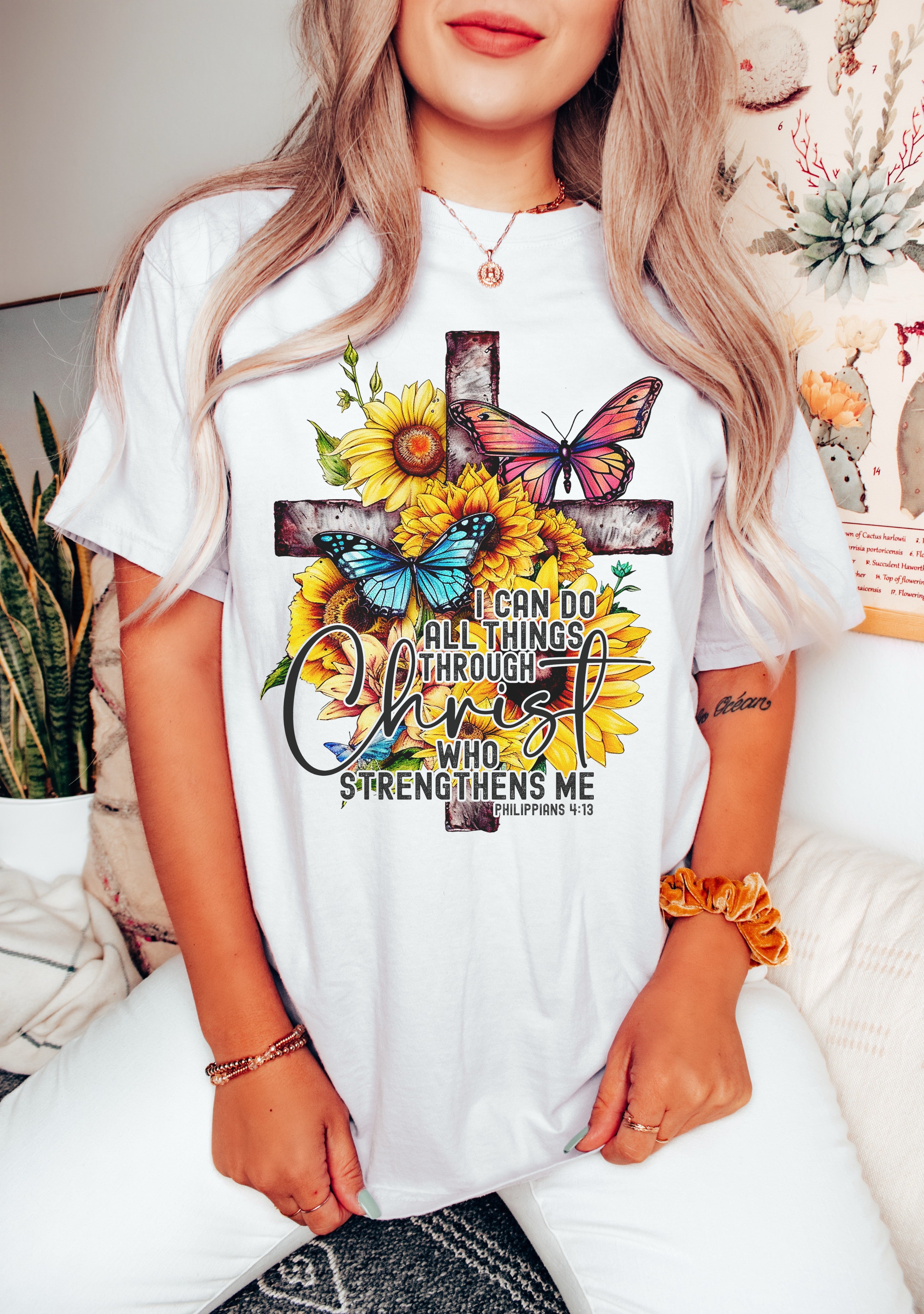 All Things Through Christ Cross - Women&#39;s / Christian / Western - Direct To Film Transfer / DTF - Heat Press Clothing Transfer