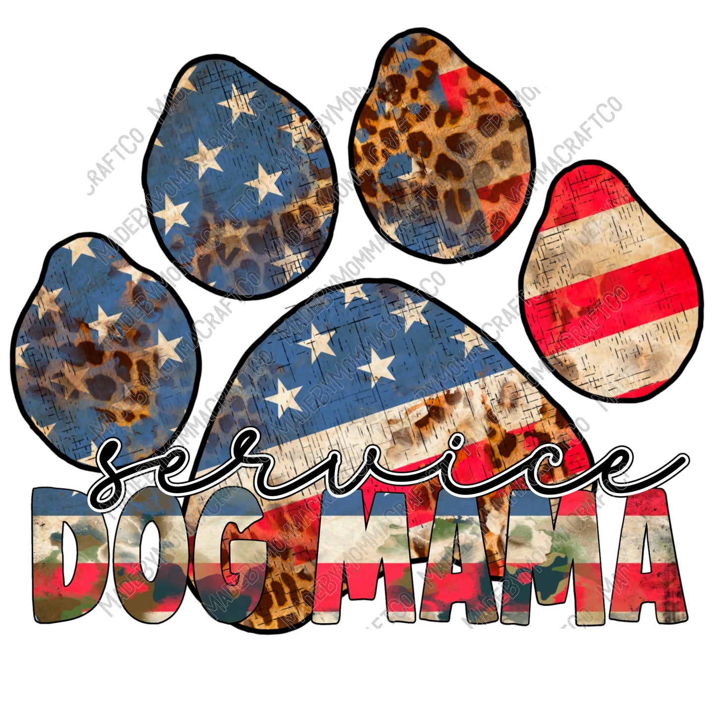 Service Dog Mama Patriotic American Flag Paw Print - Cheat Clear Waterslide™ or White Cast Sticker