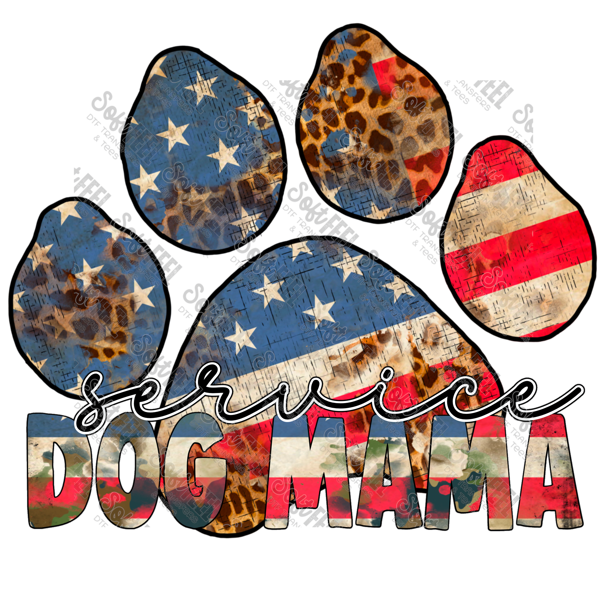Service Dog Mama - Women&#39;s / Patriotic / Animals - Direct To Film Transfer / DTF - Heat Press Clothing Transfer