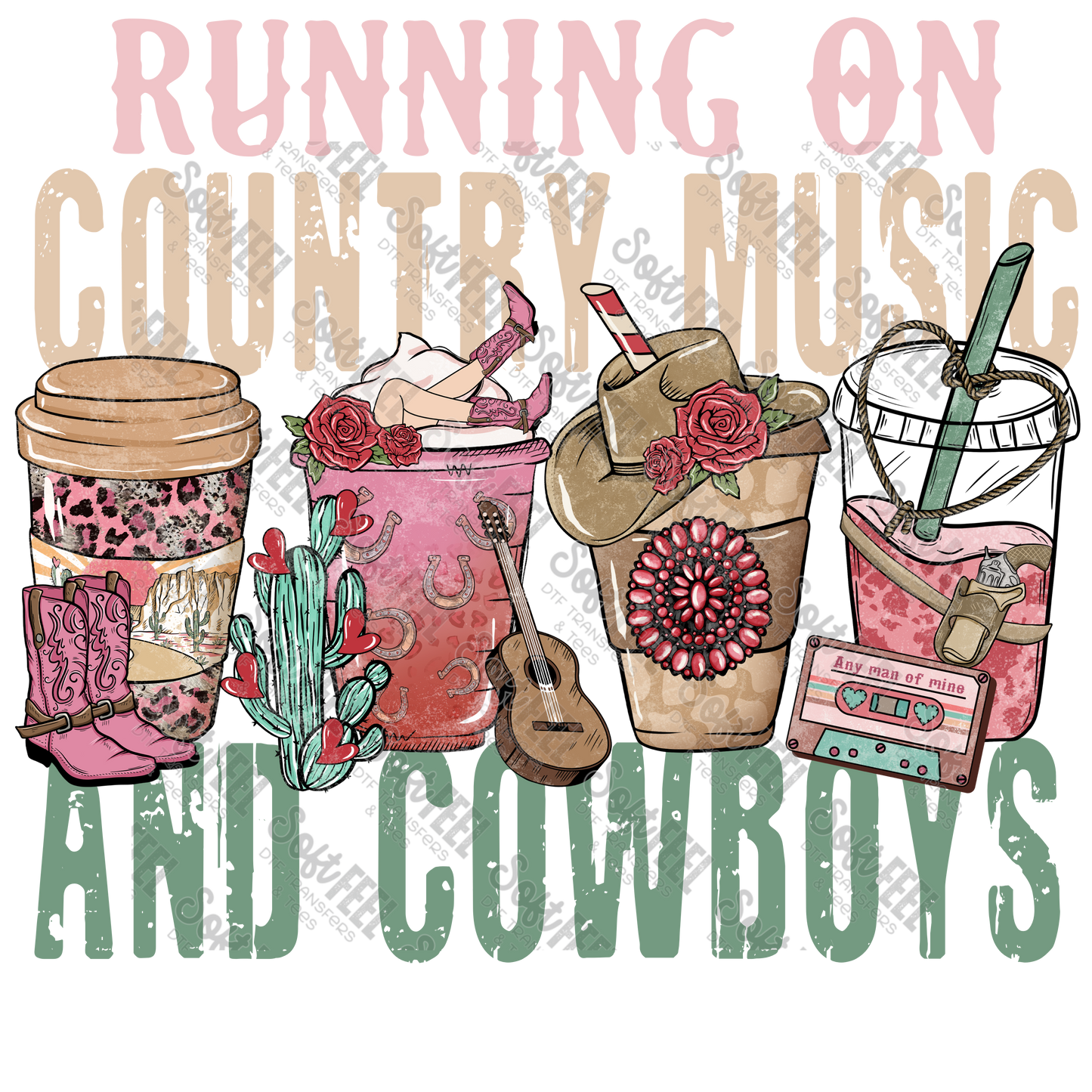 Running on Country Music and Cowboys Coffee - Women's / Western / Music - Direct To Film Transfer / DTF - Heat Press Clothing Transfer