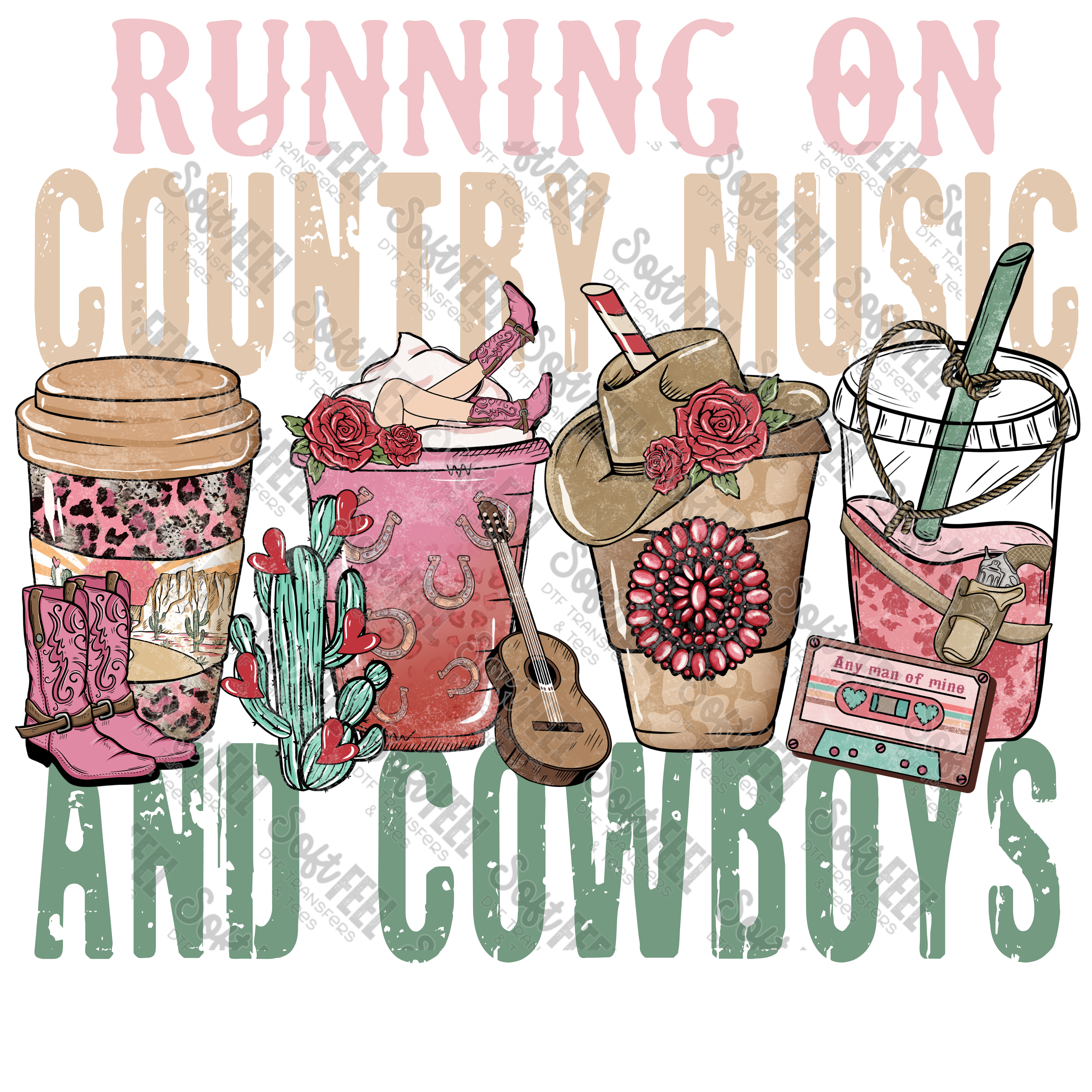 Running on Country Music and Cowboys Coffee - Women&#39;s / Western / Music - Direct To Film Transfer / DTF - Heat Press Clothing Transfer