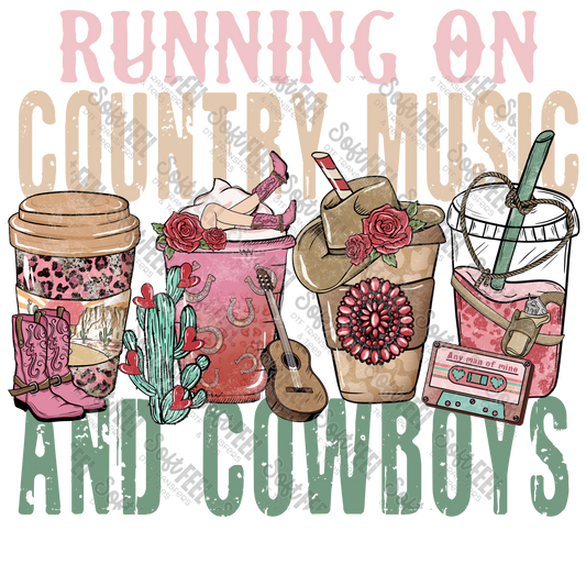 Running on Country Music and Cowboys Coffee - Women's / Western / Music - Direct To Film Transfer / DTF - Heat Press Clothing Transfer