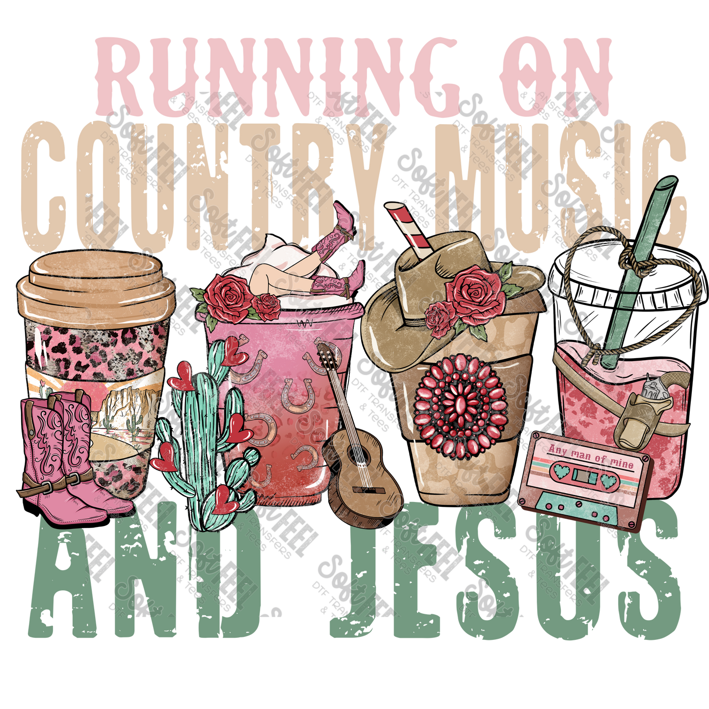 Running on Country Music and Jesus Coffee - Women's / Western / Music / Christian - Direct To Film Transfer / DTF - Heat Press Clothing Transfer