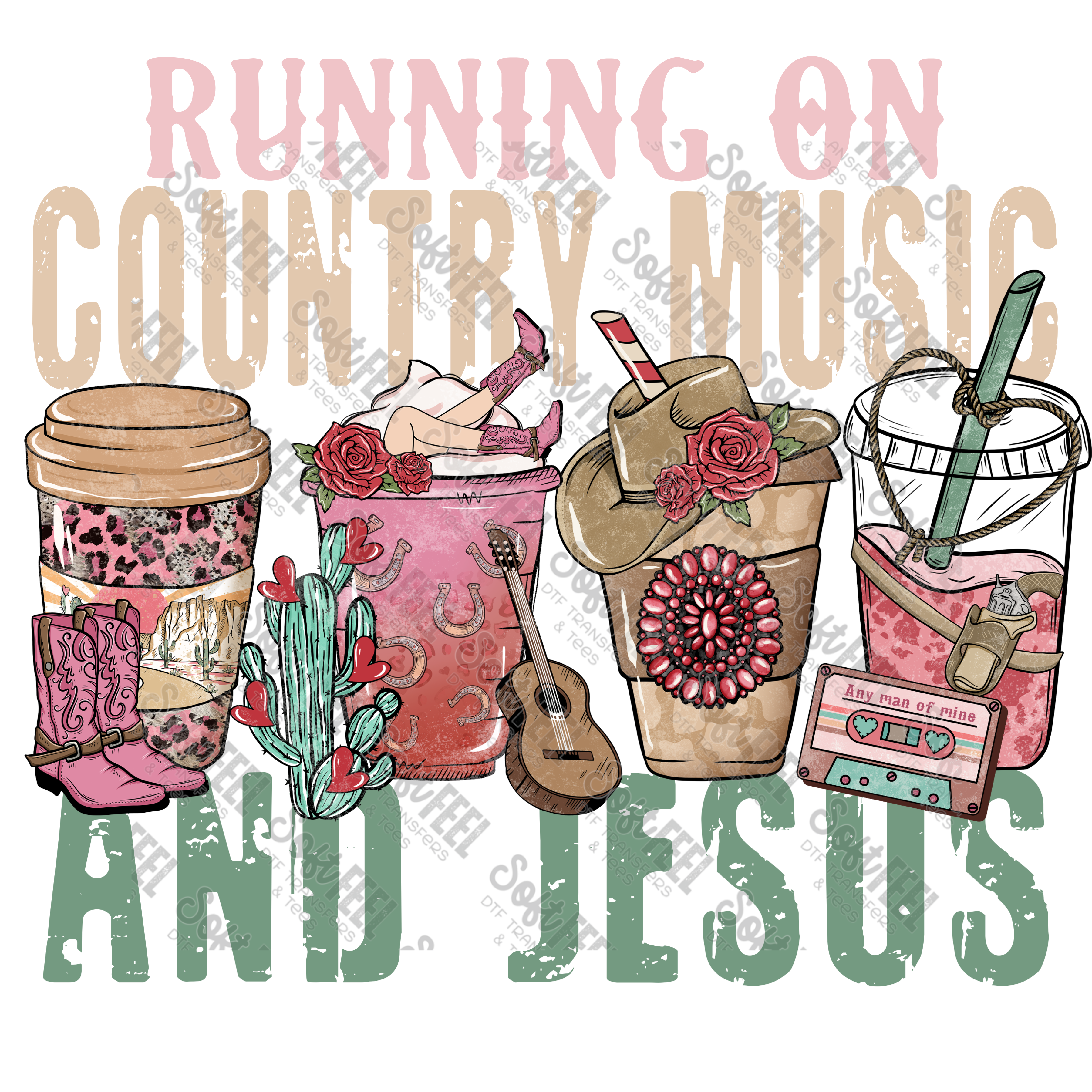 Running on Country Music and Jesus Coffee - Women&#39;s / Western / Music / Christian - Direct To Film Transfer / DTF - Heat Press Clothing Transfer
