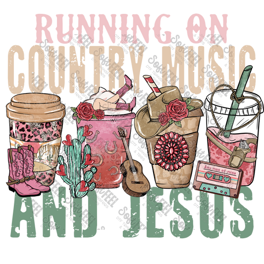 Running on Country Music and Jesus Coffee - Women's / Western / Music / Christian - Direct To Film Transfer / DTF - Heat Press Clothing Transfer