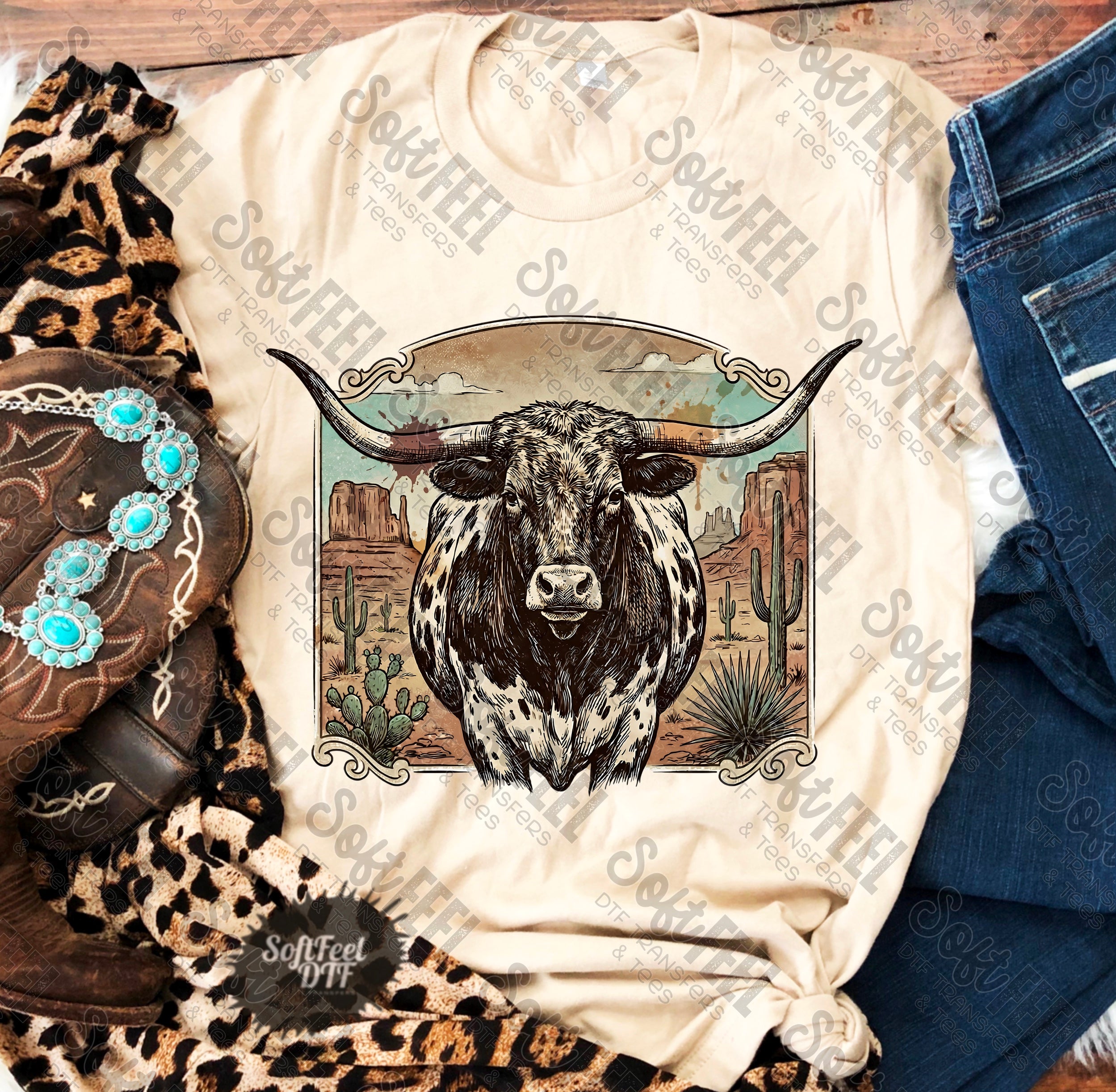 Texas Longhorn Mural - DTF Transfer - Direct To Film Ready To Press Transfer-Iron On Clothing Transfer