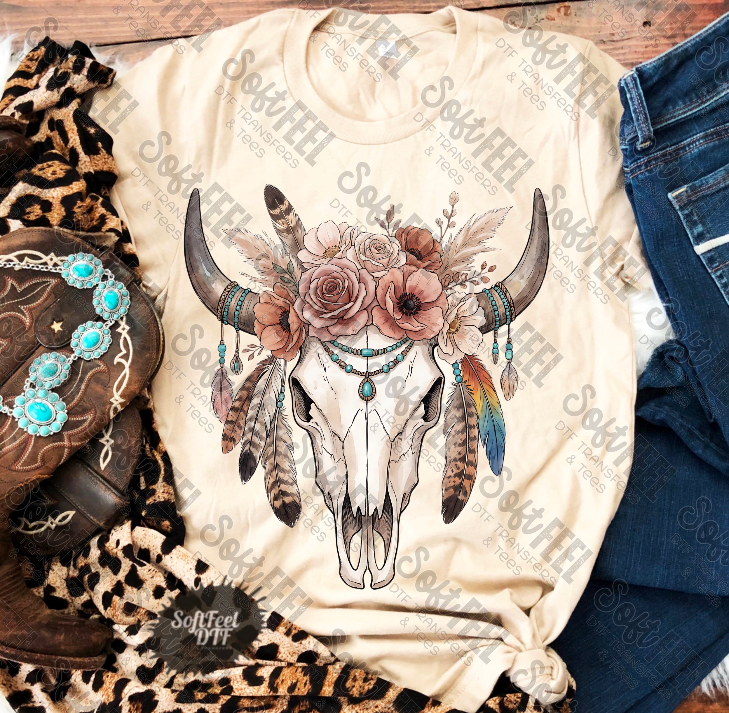 Floral Feather Boho Skull - DTF Transfer - Direct To Film Ready To Press Transfer-Iron On Clothing Transfer