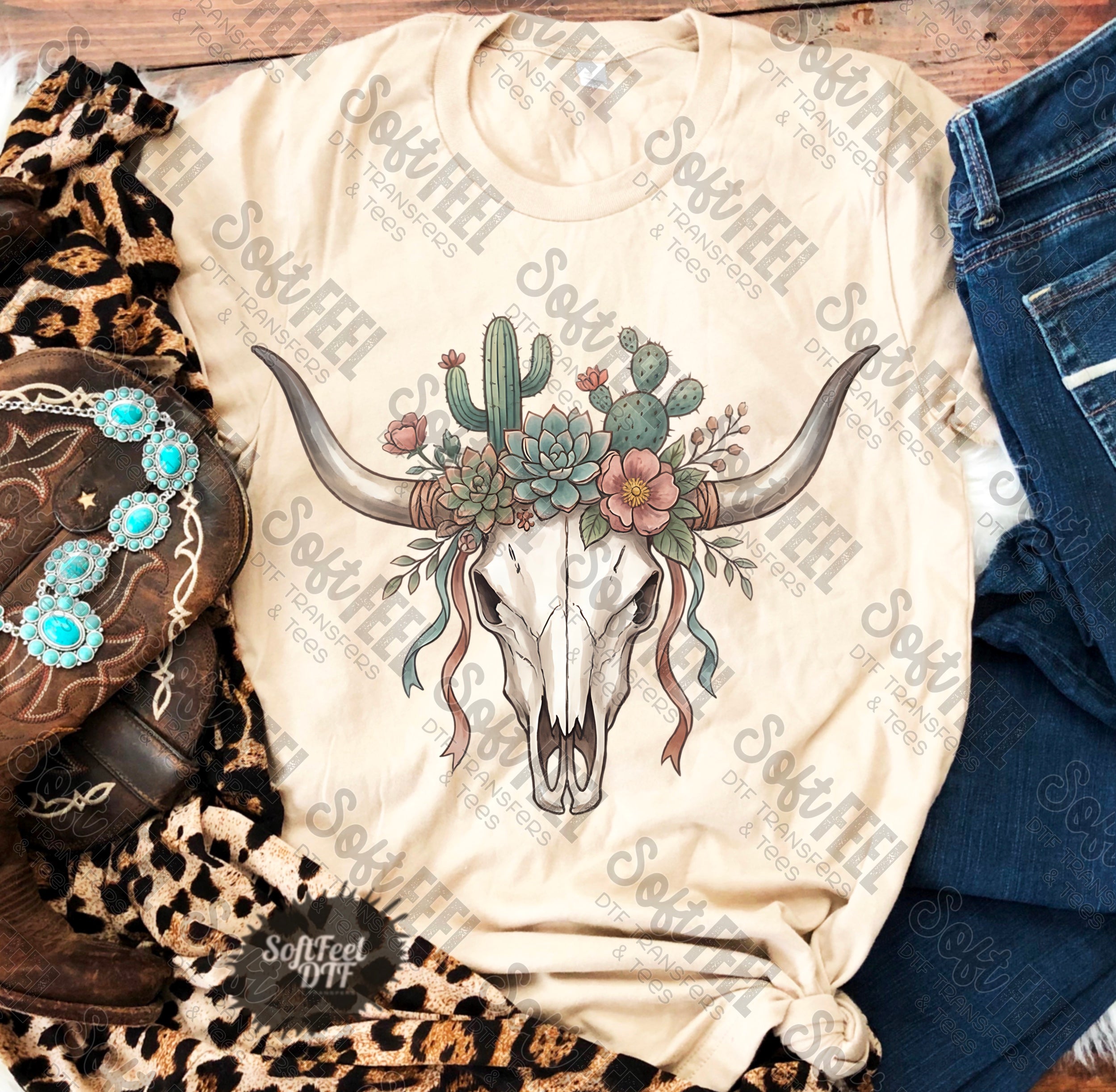 Boho Succulent Skull - DTF Transfer - Direct To Film Ready To Press Transfer-Iron On Clothing Transfer