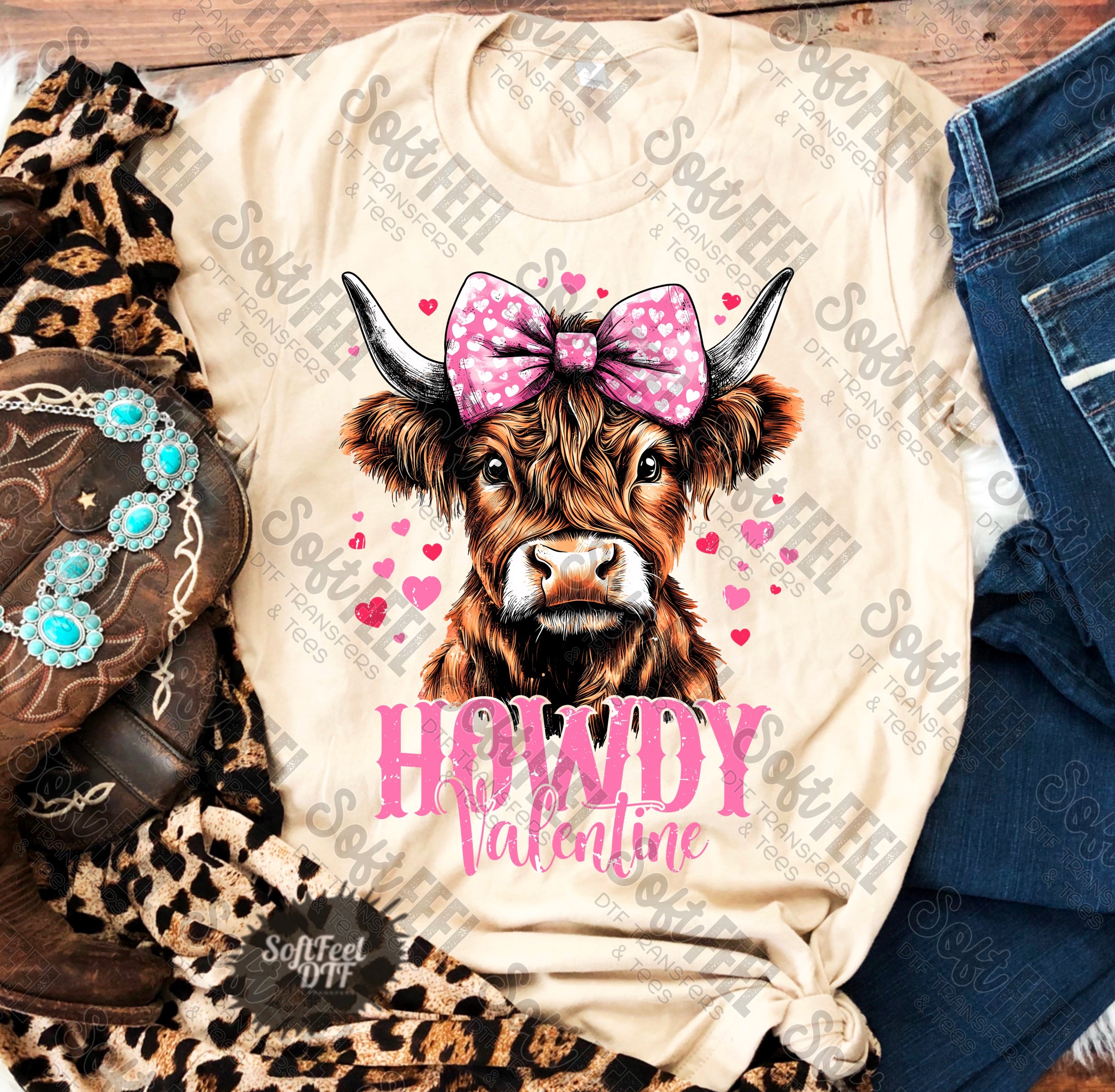 Howdy Valentine Highland Cow - DTF Transfer - Direct To Film Ready To Press Transfer-Iron On Clothing Transfer
