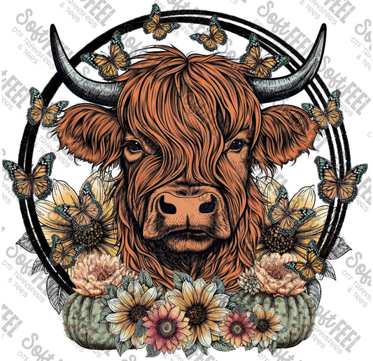 Highland Cow with Butterflies and Cactus - Direct To Film Transfer / DTF - Heat Press Clothing Transfer