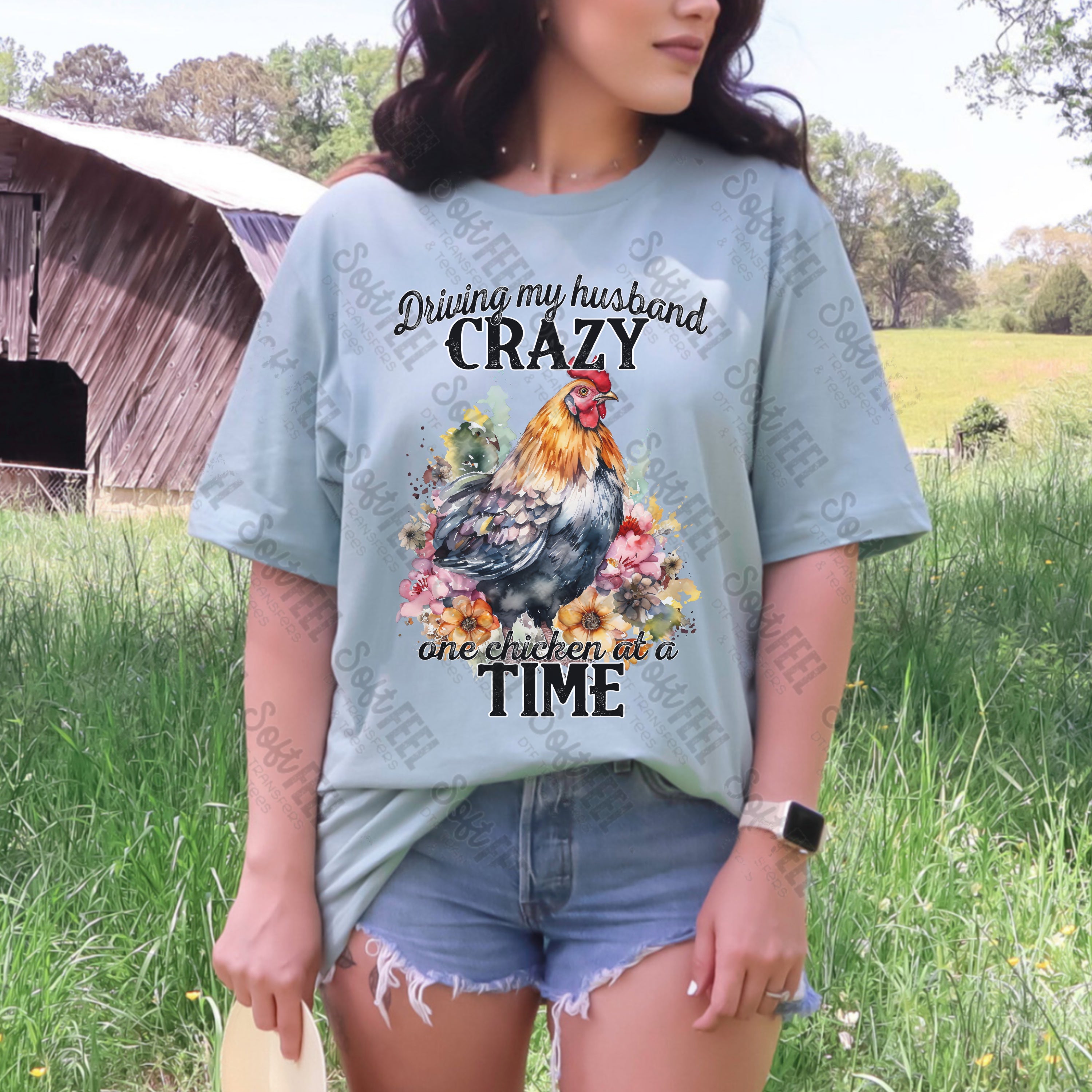 Driving my Husband Crazy One Chicken at a Time - Women&#39;s / Western - Direct To Film Transfer / DTF - Heat Press Clothing Transfer