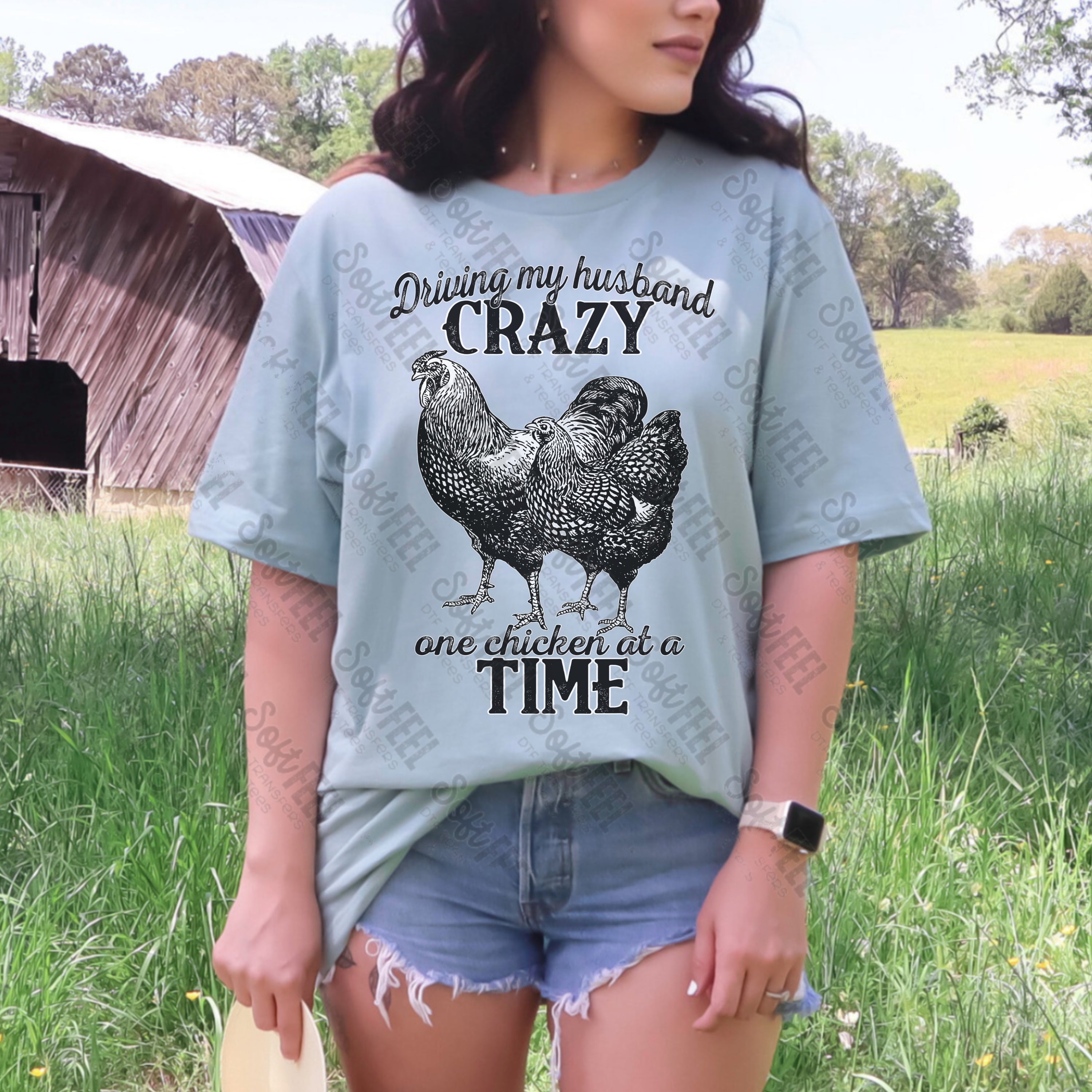 Driving my Husband Crazy One Chicken at a Time - Women&#39;s / Western - Direct To Film Transfer / DTF - Heat Press Clothing Transfer