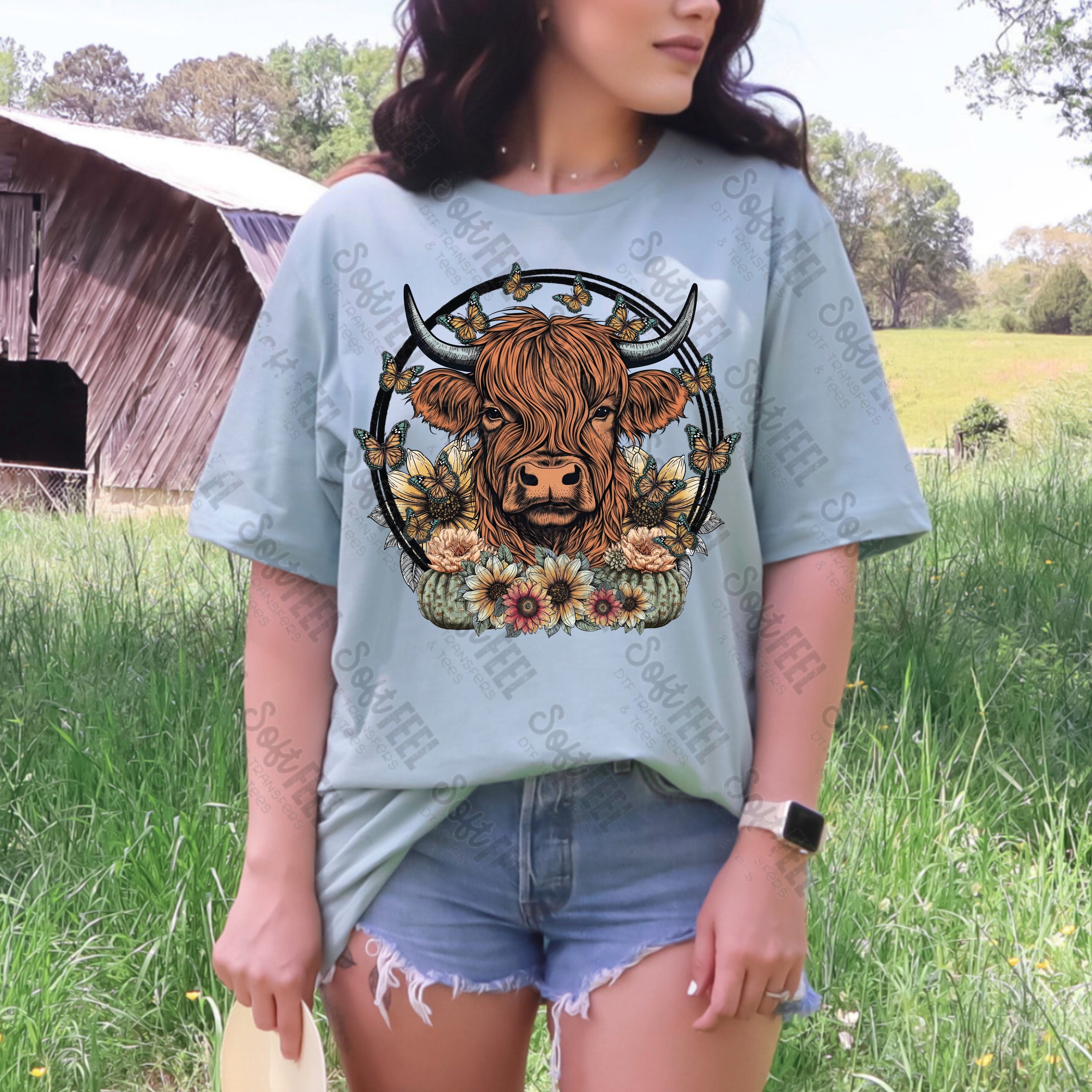 Highland Cow Cactus Flowers - Youth / Women&#39;s / Western - Direct To Film Transfer / DTF - Heat Press Clothing Transfer