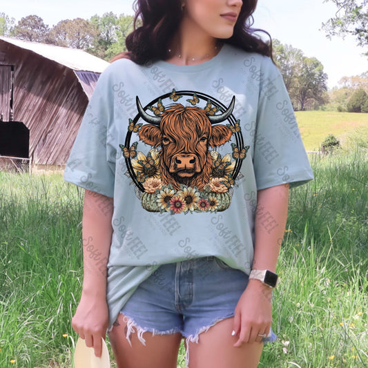 Highland Cow Cactus Flowers - Youth / Women's / Western - Direct To Film Transfer / DTF - Heat Press Clothing Transfer