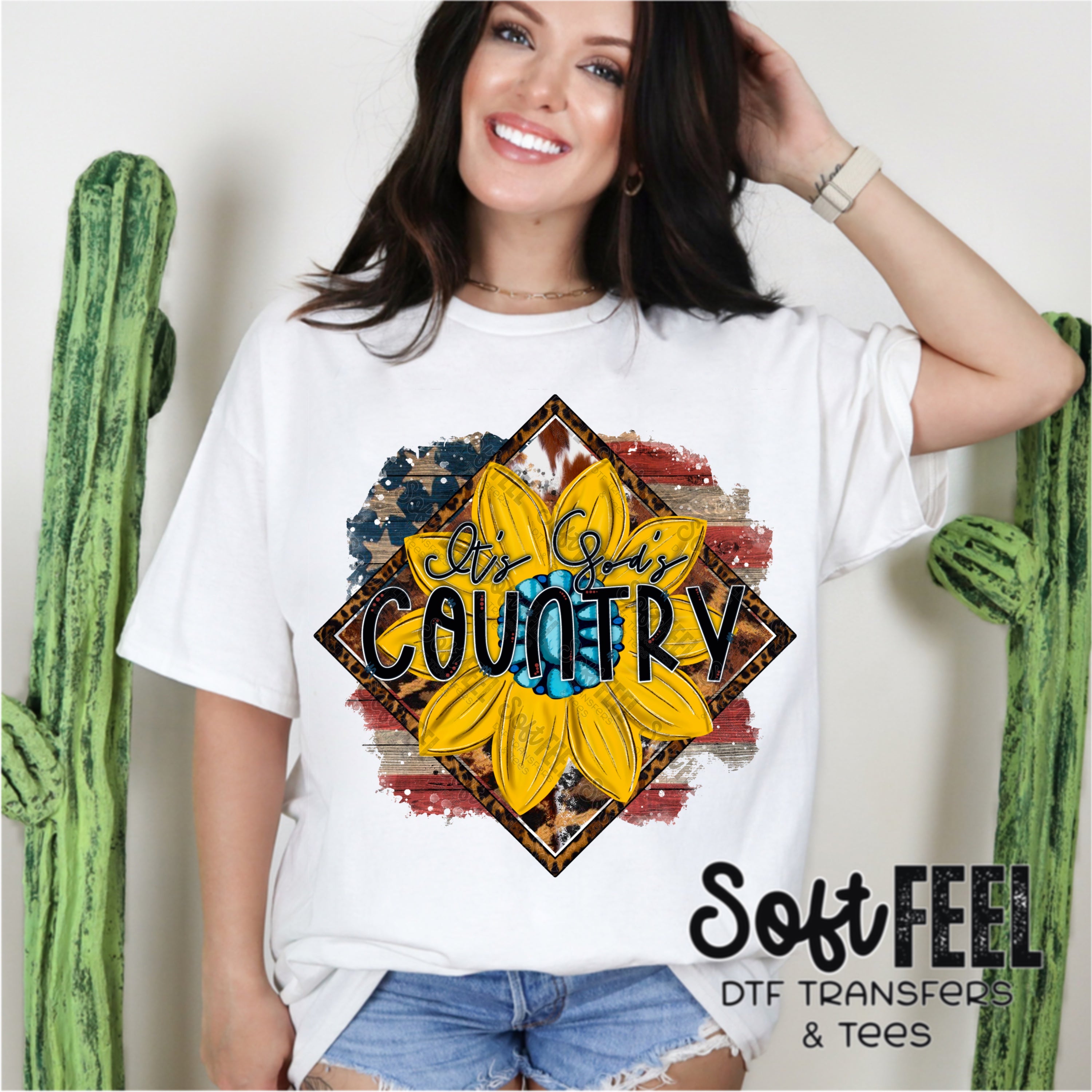 God&#39;s Country Sunflower - Patriotic / Christian / Women&#39;s / Western - Direct To Film Transfer / DTF - Heat Press Clothing Transfer