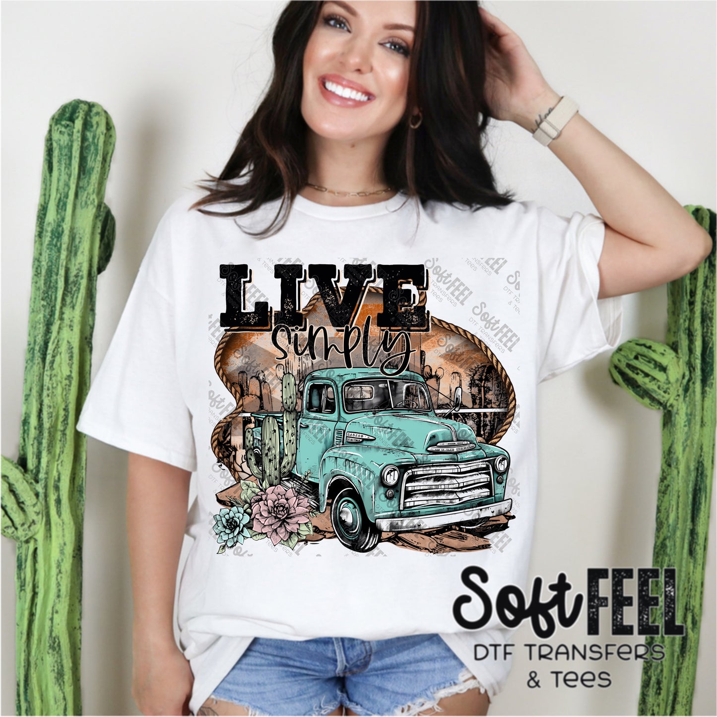 Live Simply Antique Truck - Women's / Western - Direct To Film Transfer / DTF - Heat Press Clothing Transfer