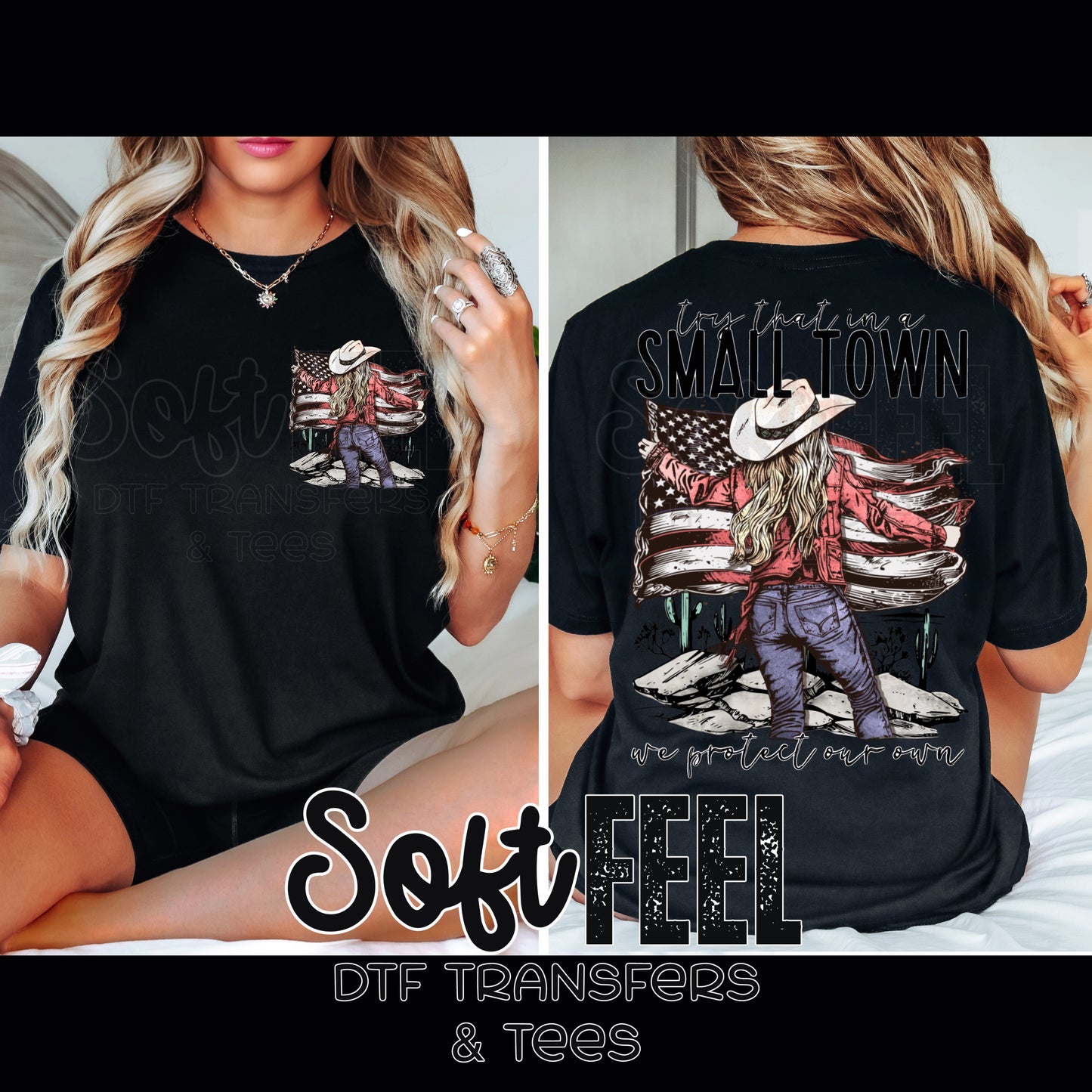 Small Town Patriotic Cowgirl - Country Western / Patriotic / Music - Direct To Film Transfer / DTF - Heat Press Clothing Transfer