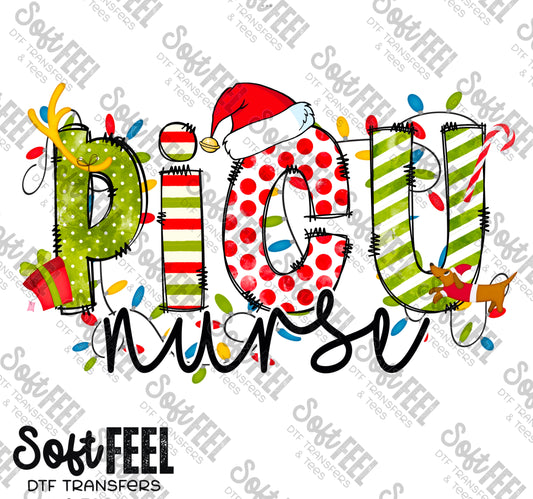 PICU Nurse Christmas Doodle Letters - Occupations / Nursing - Direct To Film Transfer / DTF - Heat Press Clothing Transfer