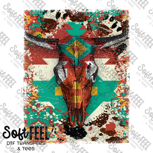 Western Aztec Bull Skull - Country western - Direct To Film Transfer / DTF - Heat Press Clothing Transfer