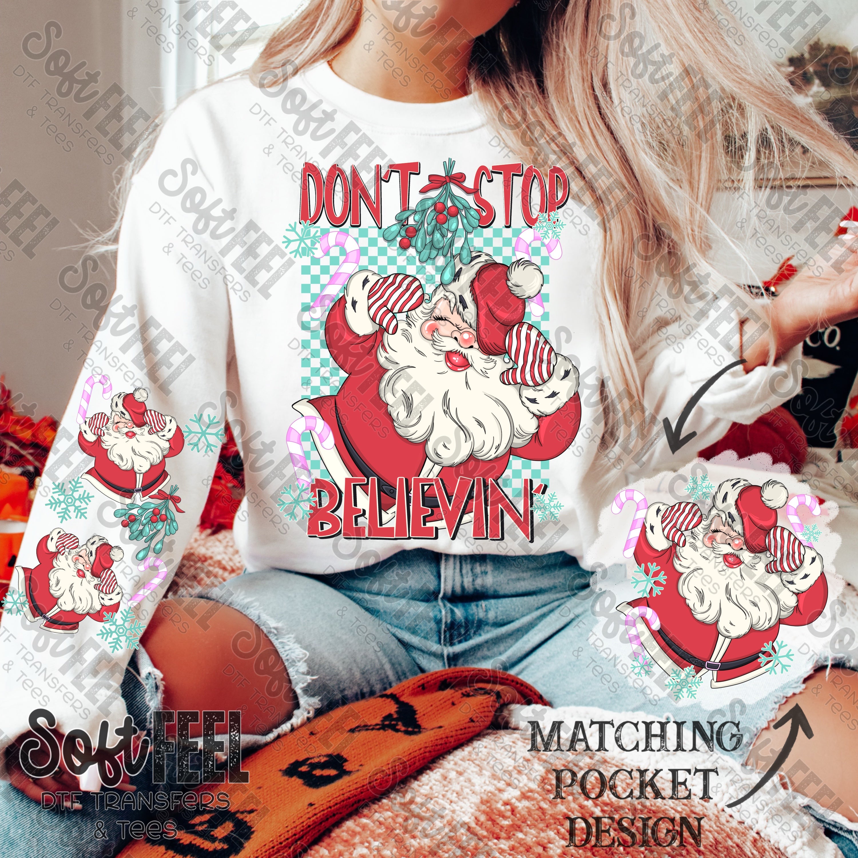 Don&#39;t Stop Believin&#39; Santa with Sleeves - Retro / Christmas - Direct To Film Transfer / DTF - Heat Press Clothing Transfer