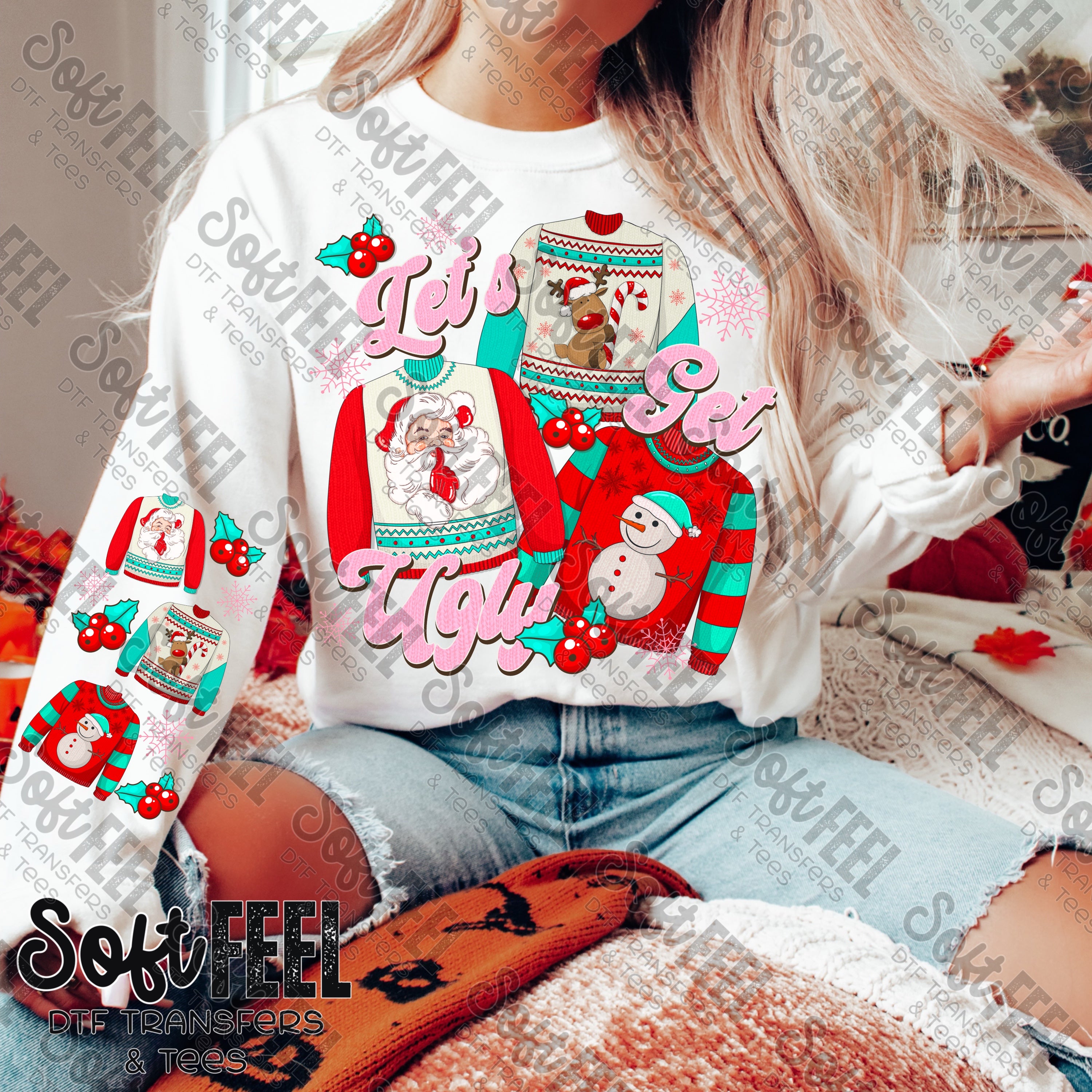 Let&#39;s Get Ugly Santa Christmas Sweater with Sleeves - Retro / Christmas - Direct To Film Transfer / DTF - Heat Press Clothing Transfer